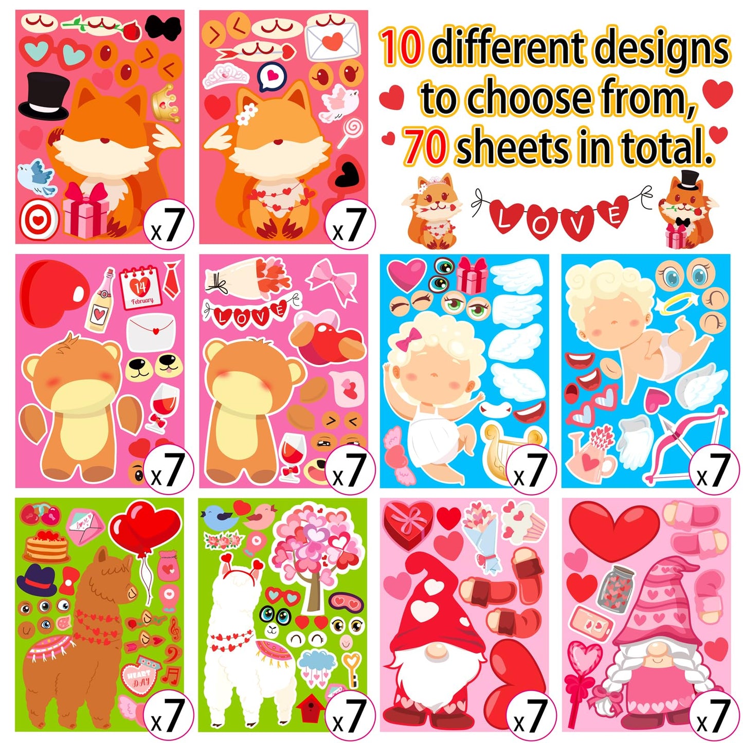 70Sheets Valentines Stickers Crafts for Kids - Make-A-Llama/Bear/Fox/Cupid/Gnome Face Sticker- Valentine's Day Gifts Goodie Bag Stuffer School Classroom Activity Games Party Favors (Small Size)