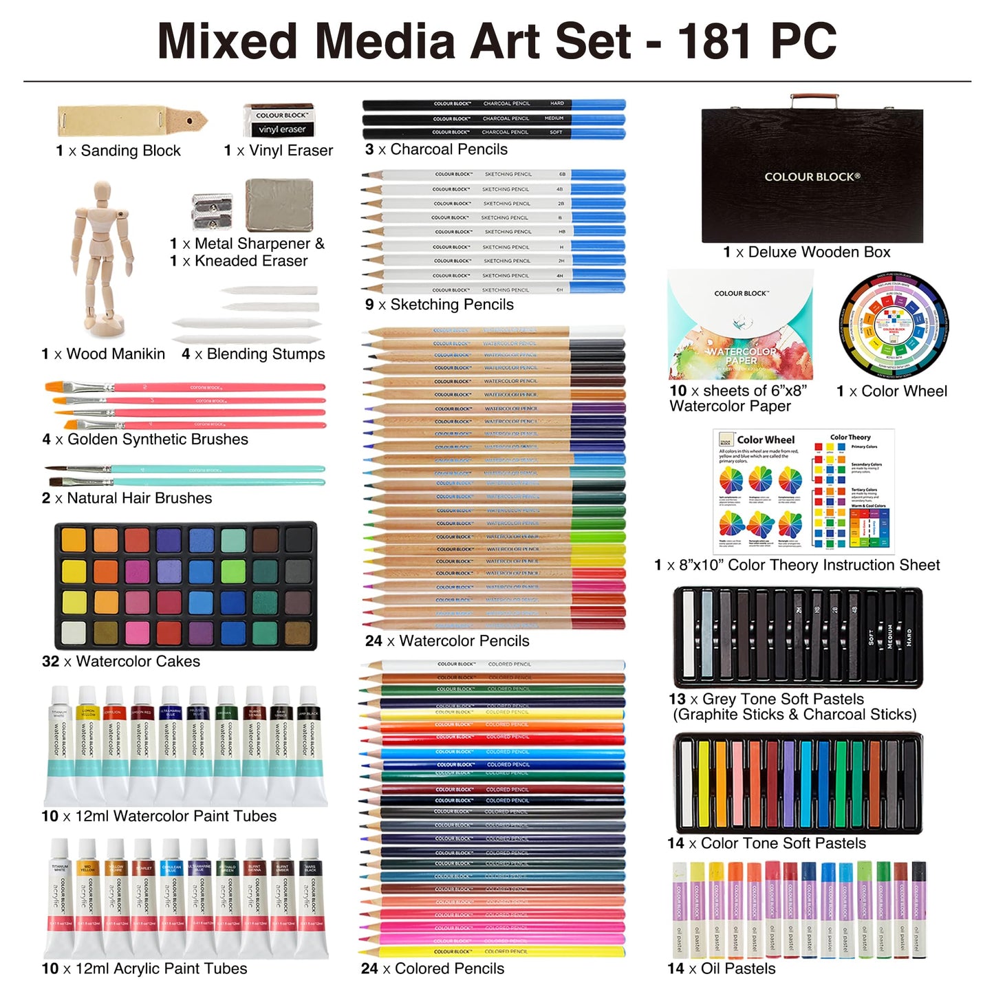 COLOUR BLOCK 181-Piece Mixed Media Art Set in Wooden Case for Drawing Sketching Painting, Soft Oil Pastels, Acrylic Watercolor Paints, Pencils, Art Supplies Kit for Artists, Professional, Adults, Beginner