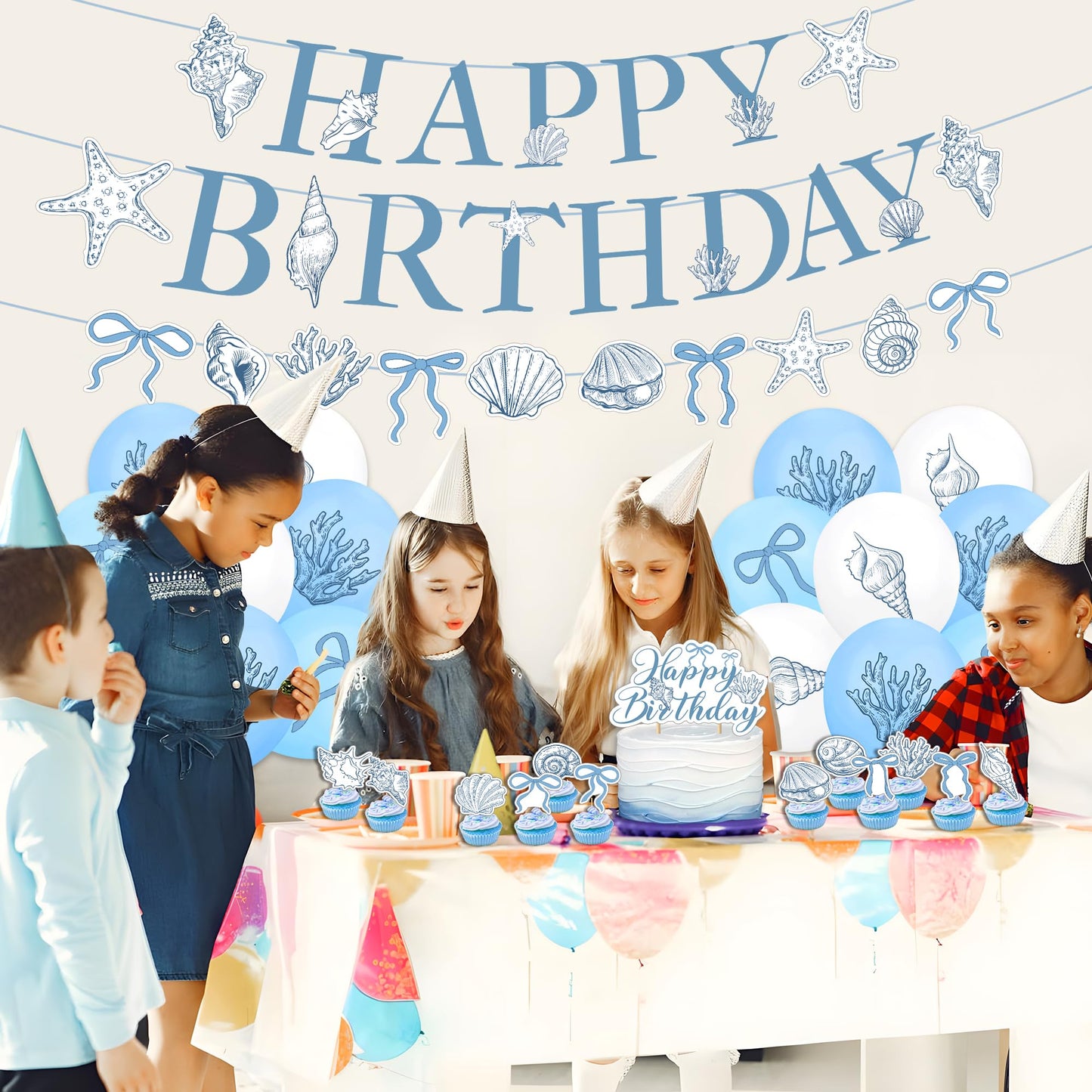 Blue Bow Starfish and Seashell Garland Ocean Coastal Nautical Beach Party Under The Sea Paper Bow Hanging Banner Cake Cupcake Toppers and Balloons for Summer Birthday Wedding Baby Shower Decro