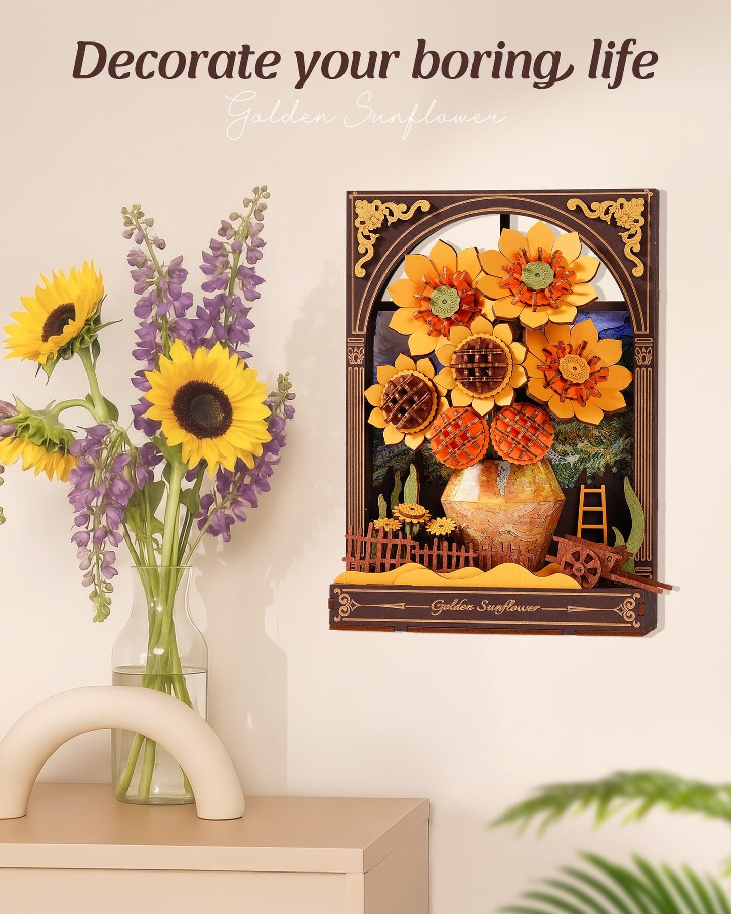 Wowood 3D Wooden Puzzles for Adults - Van Gogh Golden Sunflower DIY Model Building Kits with LED Light - Gifts for Mothers Day - Home Decor, Wall Art & Unique Creative Gifts for Art Lovers/Men/Women