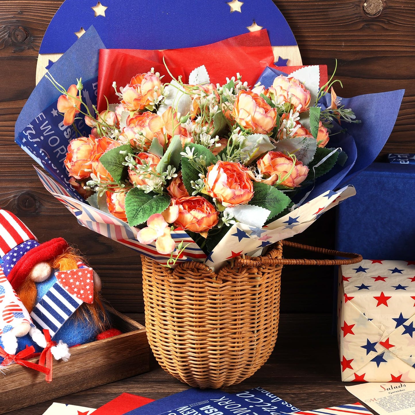 100 Sheet Retro Patriotic Tissue Paper, 5 Styles Stars Stripes Patterns Patriotic Art Tissue Paper for Veterans Day DIY Crafts 4th of July American National Day Party Supplies, 13.8 x 19.7‘’