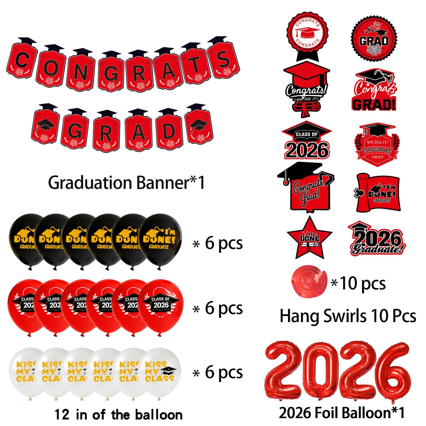 Graduation Party Decorations 2026–Black Red Grad Banner, Class of Backdrop, Balloons, Fringe Curtains and Foil Balloon, Streamers Kit–Complete Graduation for High School & College Celebrations (Red)