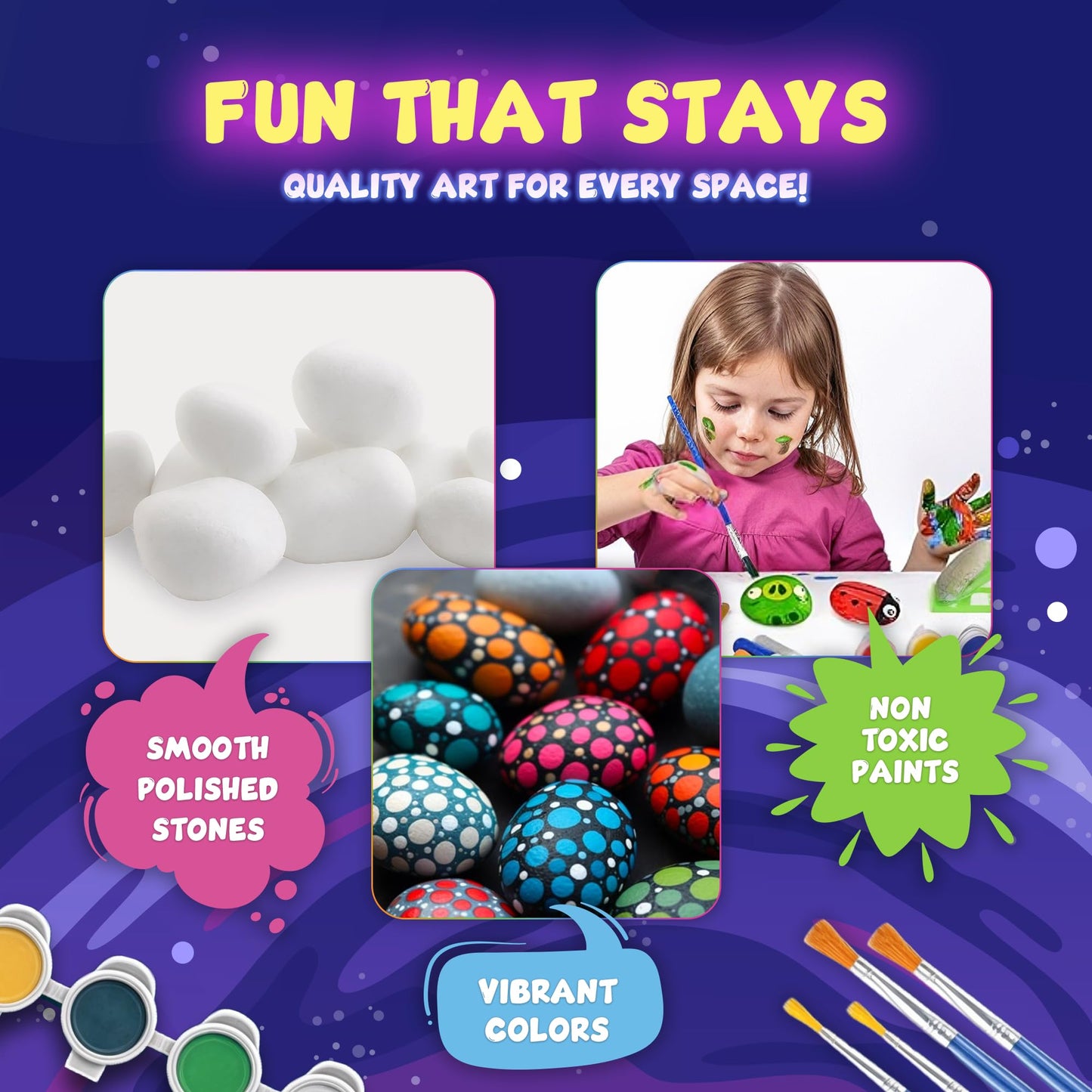 Rock Painting Kit for Kids 6-12 - 90+ Pcs Arts and Crafts Kit for Kids Painting - 10 White Rocks, 12 Paint Colors, Glitter Glue, Googly Eyes & More - Rock Art Supplies- DIY Arts & Crafts Easter Gifts