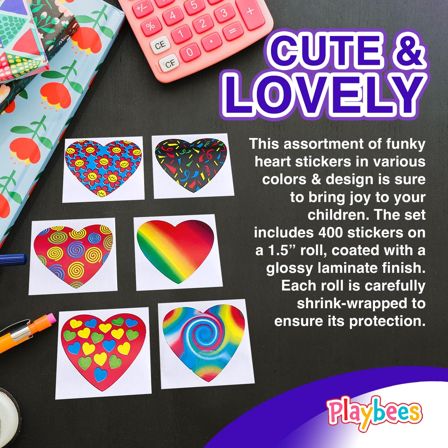 Playbees Funky Heart Stickers for Kids - 400 Pack of Rainbow Heart Themed Designs - Valentine’s Day Kids Educational Arts and Crafts, Scrapbooking, Teacher Awards, Classroom Prize, Encouragement