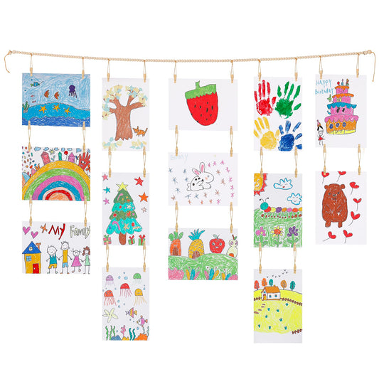 KLOGTSIND Kids Art Display Wall Decor, Wooden Beads Garland Frame Holder with 34 Clips for kids artwork, Photo, Wall Hanging Boho Room Bedroom Decor