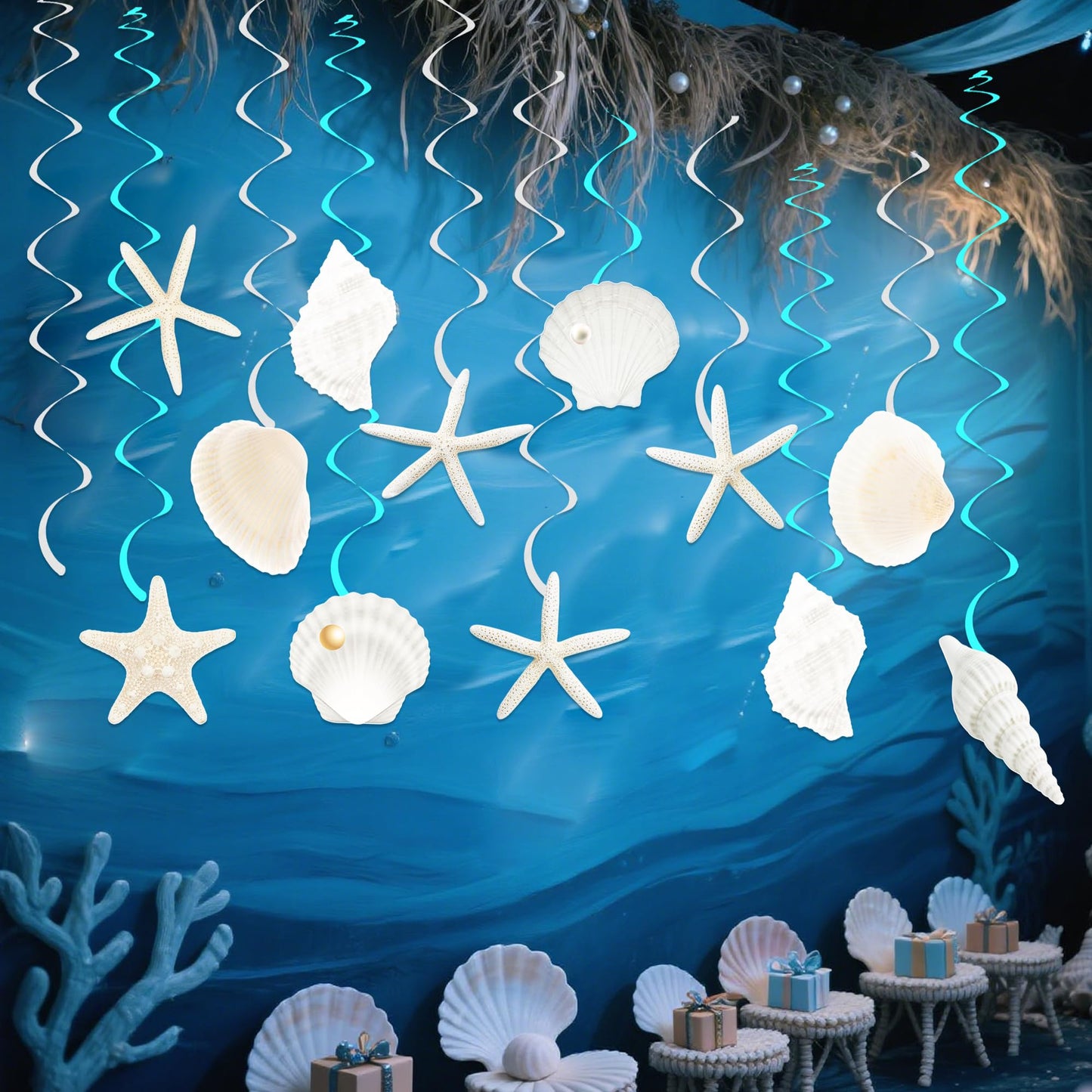 Seashell Hanging Swirls 21Pcs Coastal Beach Birthday Party Decoration Starfish Seashell Ceiling Swirls Decor Ocean Seashell Conch Cutout Hanging Streamers for Nautical Wedding Party Supplies