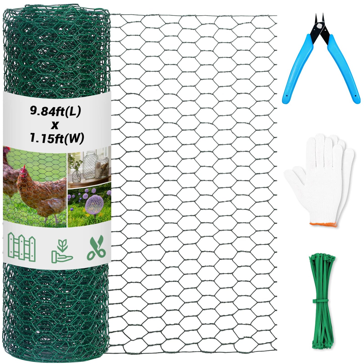 Chicken Wire for Floral Arrangements,13.78 x 118 Inch Lightweight Galvanised Hexagonal floral Chicken Wire Green Florist Wire for Garden Poultry Netting for Garden Protection with Wire Ties and Pliers
