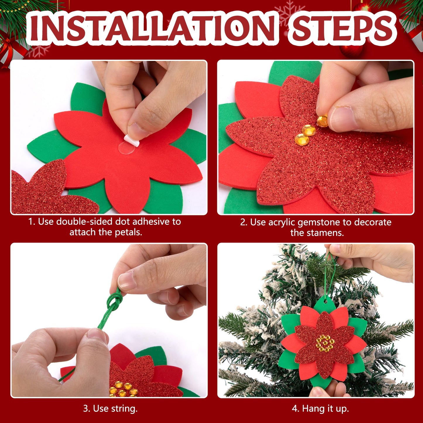 LFUTARI 30 Pcs Christmas DIY Poinsettia Flowers Craft, Foam Poinsettias Flower Ornaments, Christmas Glitter Red Flowers DIY Decoration for Holiday Home Party Tree Garland Wreath Porch Stair Decor