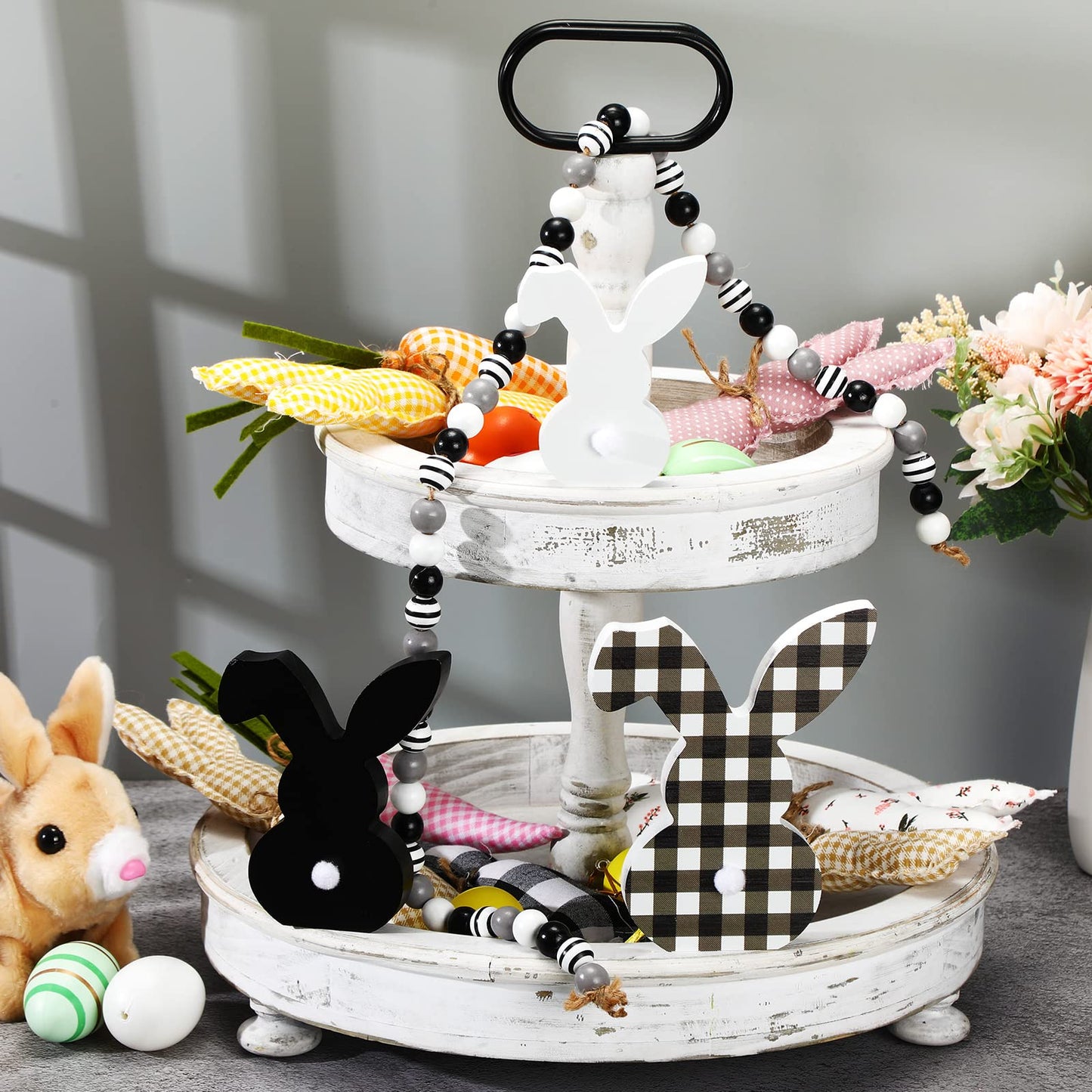 3 pcs Easter Bunny Table Wooden Signs Decor Spring Farmhouse Wood Bunnies Buffalo Plaid Bunny Cute Easter Craft Freestanding Centerpiece Signs for Kids Happy Easter Party Supplies Dining Room Table