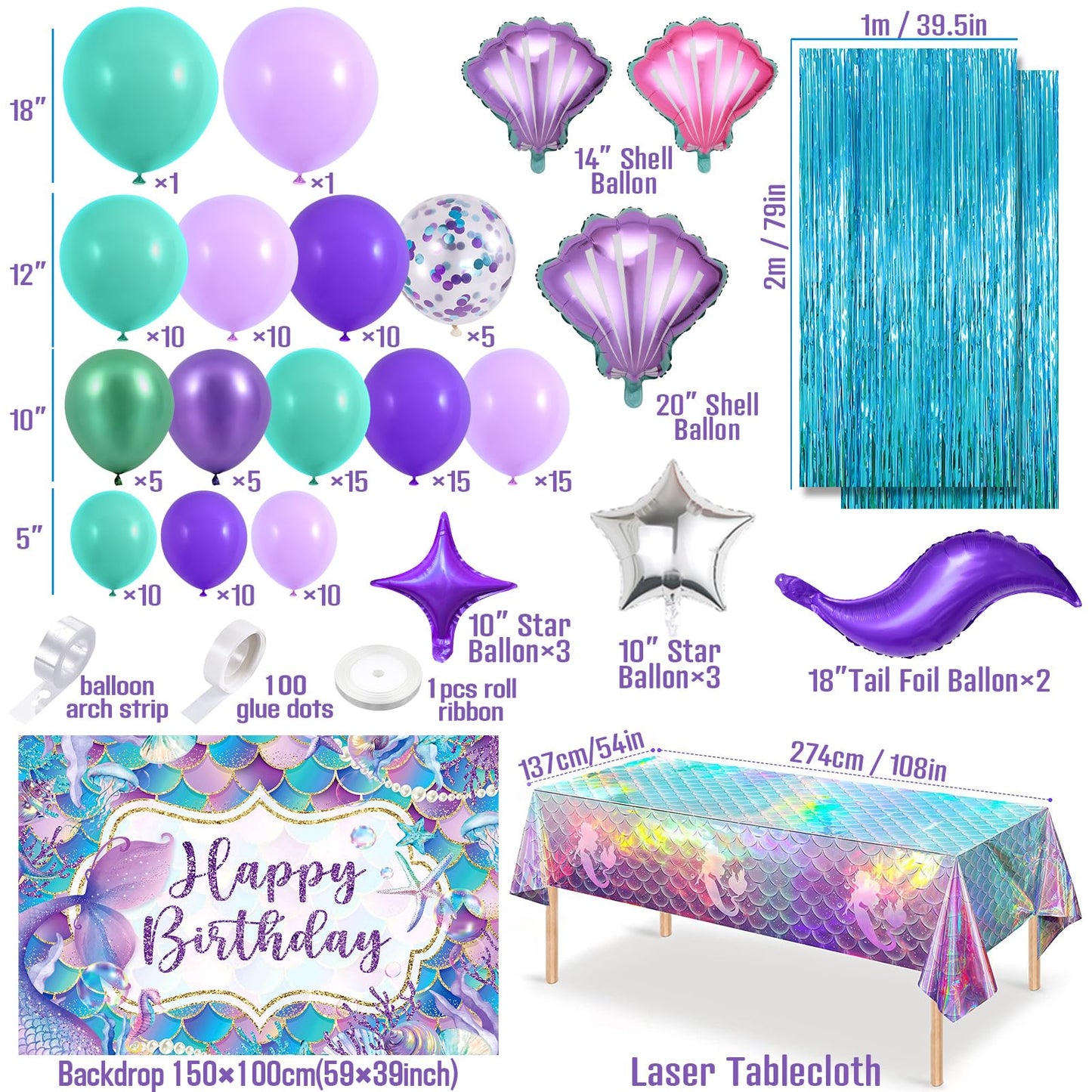 SNLN 139Pcs Mermaid Birthday Party Decorations Supplies for Girl Kid, Mermaid Balloon Arch & Backdrop Tablecloth Fringe Curtain Tail Shell Star Foil Balloon, Princess Themed Mermaids Party Decoration