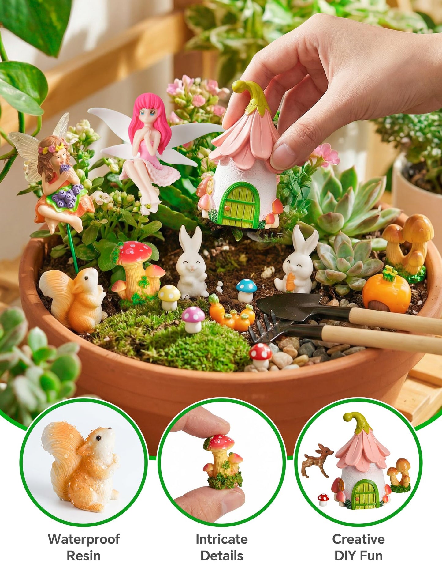 NiToy 50-Piece Mini Fairy Garden Accessories Kit, Resin Fairy House (3.1" H) with 49 Miniature Figurines - Animals, Mushrooms and Fairies for DIY Terrarium, Planter, Flower Pot and Desktop Decor