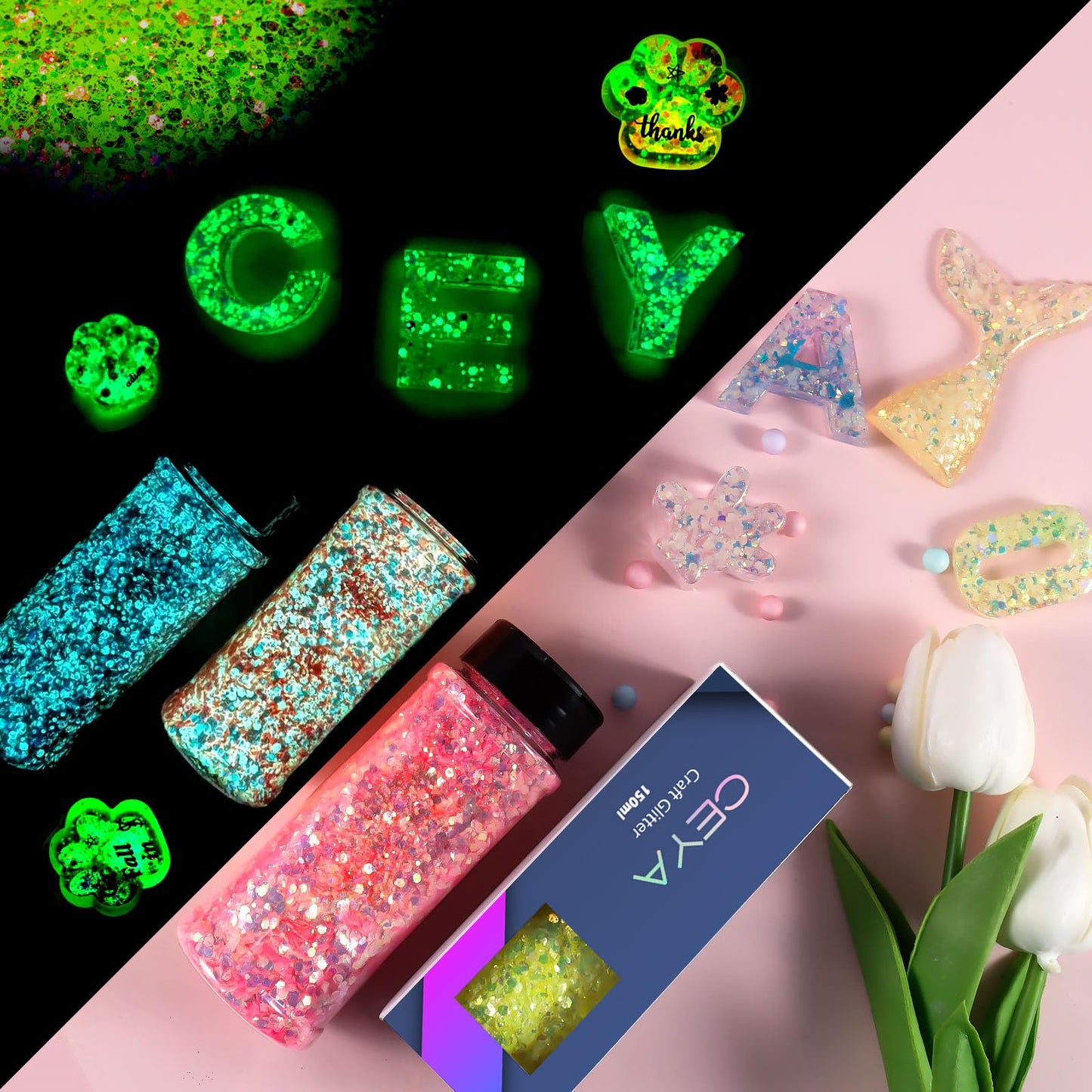 Ceya Glow in The Dark Glitter, 3.3oz/ 95g White Luminous Chunky Glitter Mix Fine Powder Flakes Fluorescent Nail Sequins for Epoxy Resin, Tumblers, Halloween Party, Festival Decor