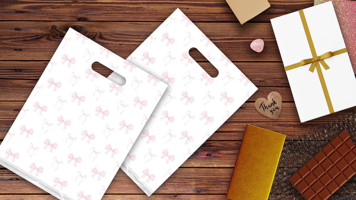 Pro Supply Global Pink Bows Designer Style with Die-Cut Handles, 9"x12" Pack of 100 – Ideal Retail Boutique Merchandise Carriers for Shops, Crafts, Farm Stand, Vendors, Parties, Holiday & Everyday Use