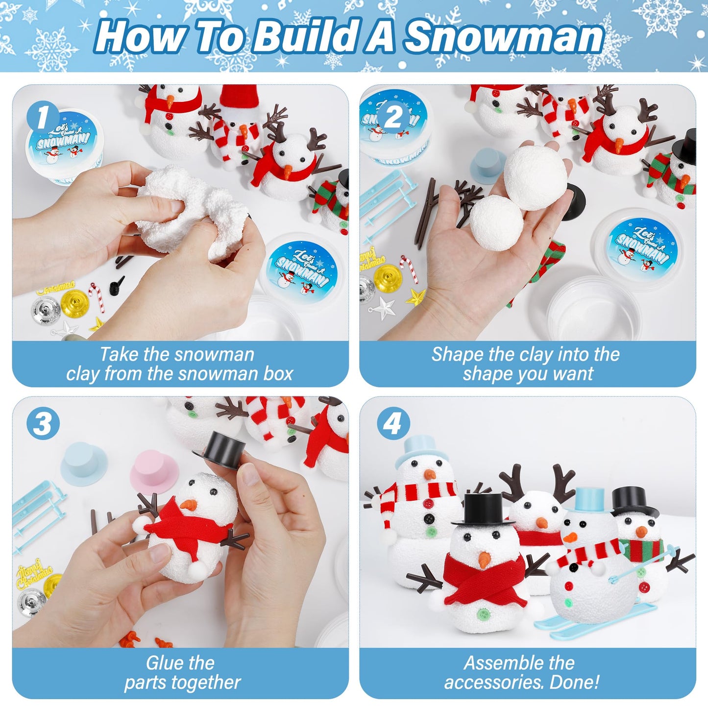 EOBOH 24 Pack Build a Snowman Kit, Christmas DIY Snowman Crafts for Kids Bulk, Snowman Kit Winter Decorations Indoor, Creative Kids Air Dry Clay Modeling Crafts Kit for Christmas Gifts Favor Supplies