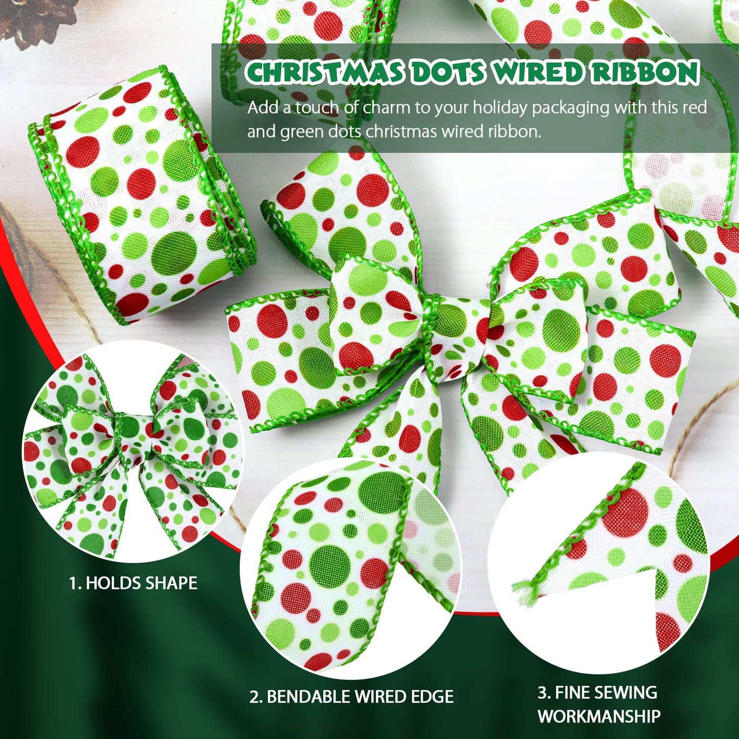 Hanaive 20 Yards Christmas Polka Dot Ribbon Xmas Wired Ribbon Christmas Tree Ribbons Decoration Green Red Polka Dot Printed Ribbons DIY Decorative for Wreaths Gifts Wrapping(2 Inch)