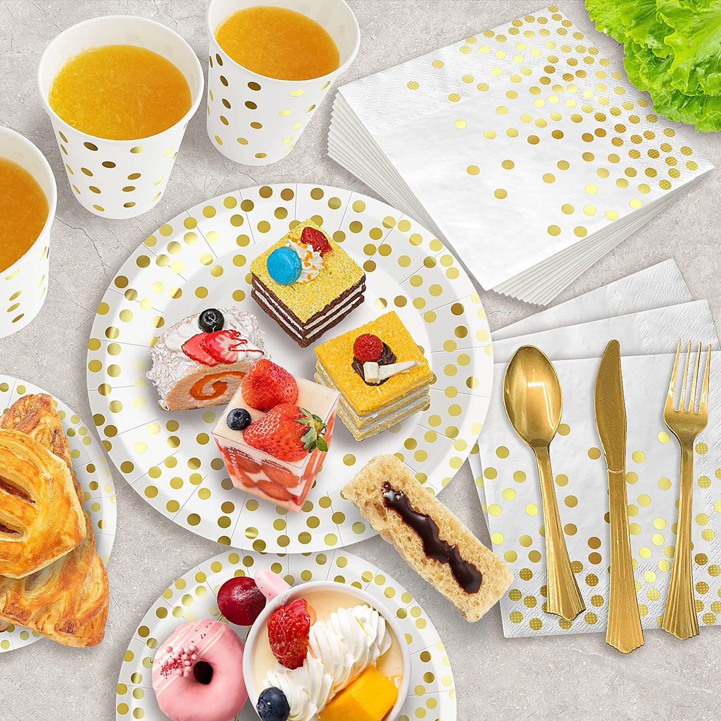 AIRE 175PCS White and Gold Paper Plates Party Supplies for 25 Guests Disposable Decorations Dinnerware Golden Dot Paper Plates Napkins Cups Gold Plastic Forks Knives Spoons for Mothers Day Birthday