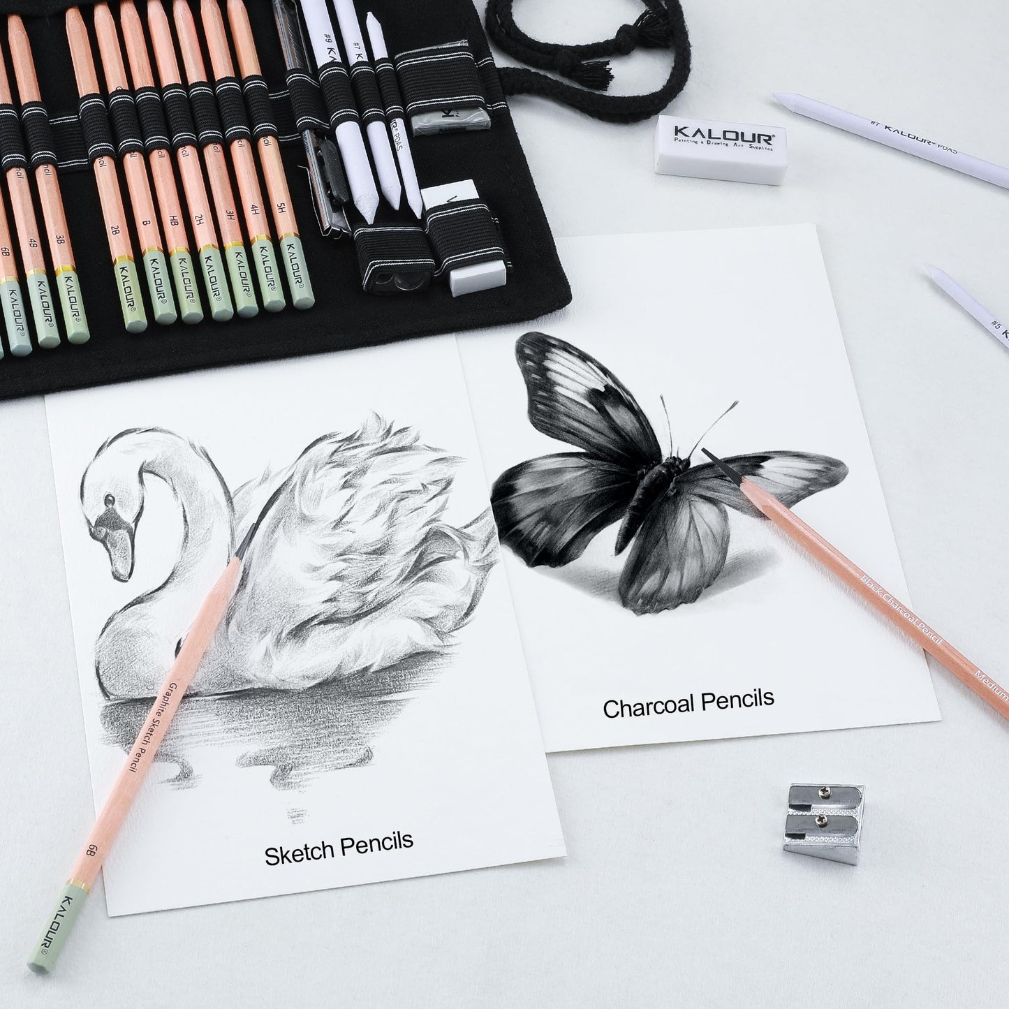 KALOUR 29 Pro Sketching Drawing Pencils Set with Roll-Up Nylon Case – 14 Graphite Pencils (14B–5H), Charcoal Pencils, Erasers, Sharpener & Stumps – Complete Art Kit for Artists & Beginner