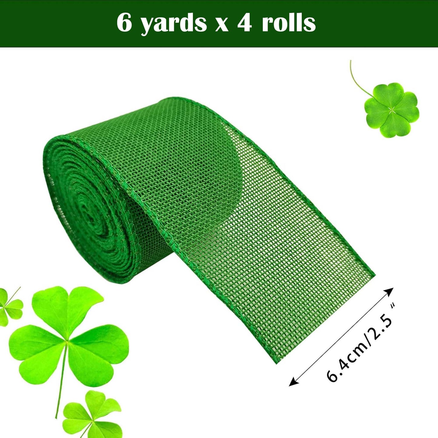 Tlswshsy 4 Rolls Shamrock Wired Edge Ribbon - 2.5''×24 Yard St Patrick's Day Green Wired Ribbon, Burlap Plaid Shamrock Fabric Craft Irish Ribbons for Gift Wrapping, Wedding Birthday Crafts Decorations
