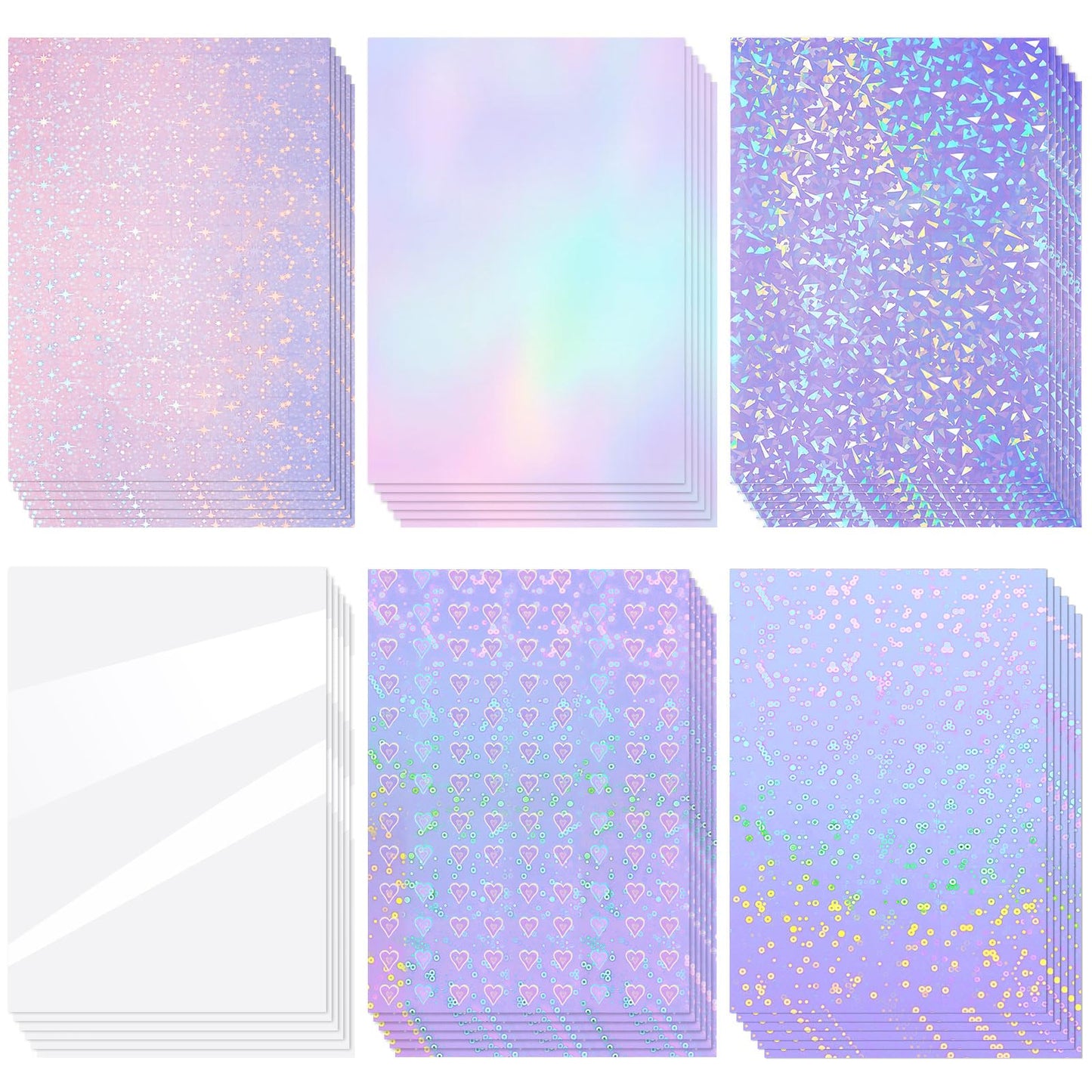 Clabby 36 Sheets Holographic Sticker Paper A4 Vinyl Holographic Laminate Sheets Self Adhesive Waterproof Transparent Film, 11.7 x 8.3 inches(Gem, Dot, Colorful, Star, Heart, Glossy Clear)