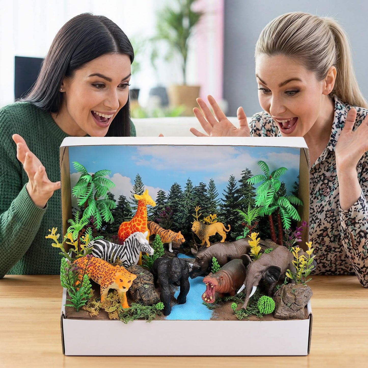 Teyva Daily 48 Pcs Jungle Diorama Kit Habitat Project Box Set Jungles Grassland Diorama Supplies Include Woodland Animal Figures Artificial Trees Fake Rocks with Gift for DIY Crafts Birthday Gifts