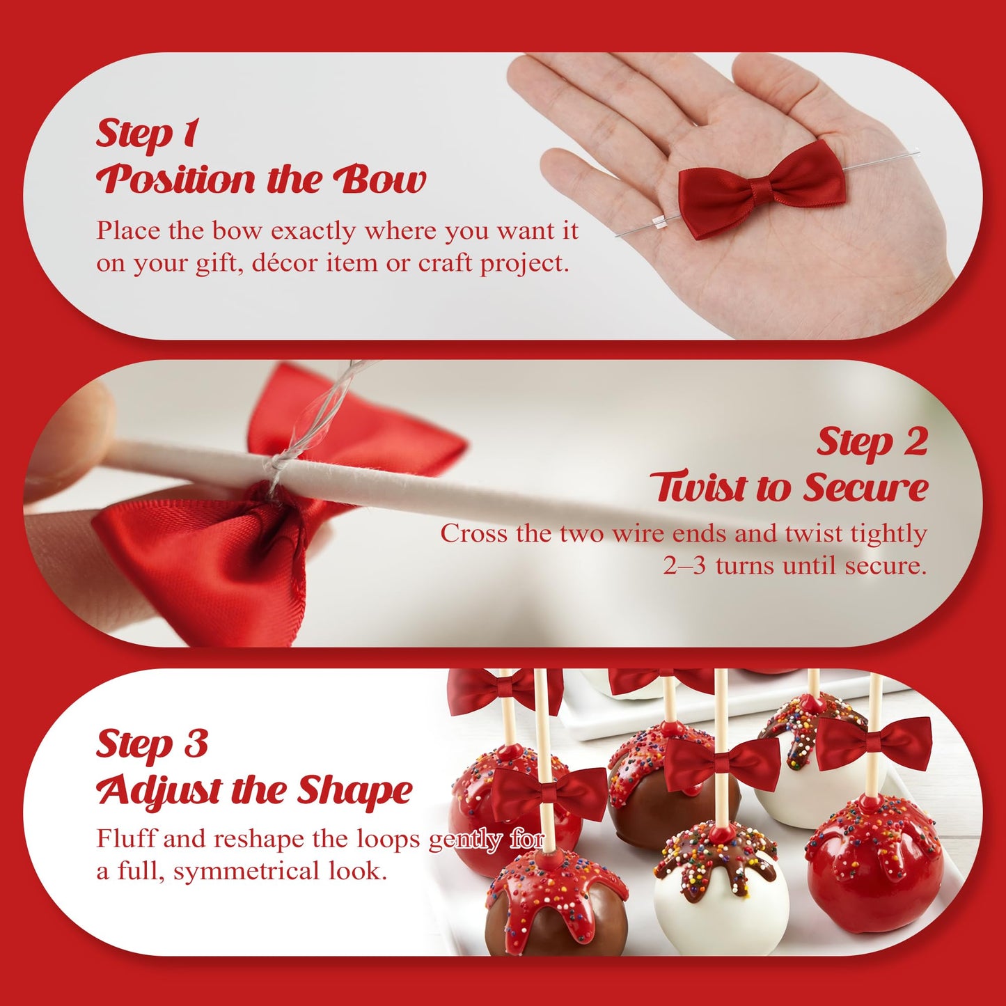 LiBongTa Red Bows 2" Premade Twist Tie Bows 50 PCS Small Red Satin Ribbon Bow for Gift Wrapping Cake Candy Treat Bags Party Favors Crafts Birthday Wedding Decorations