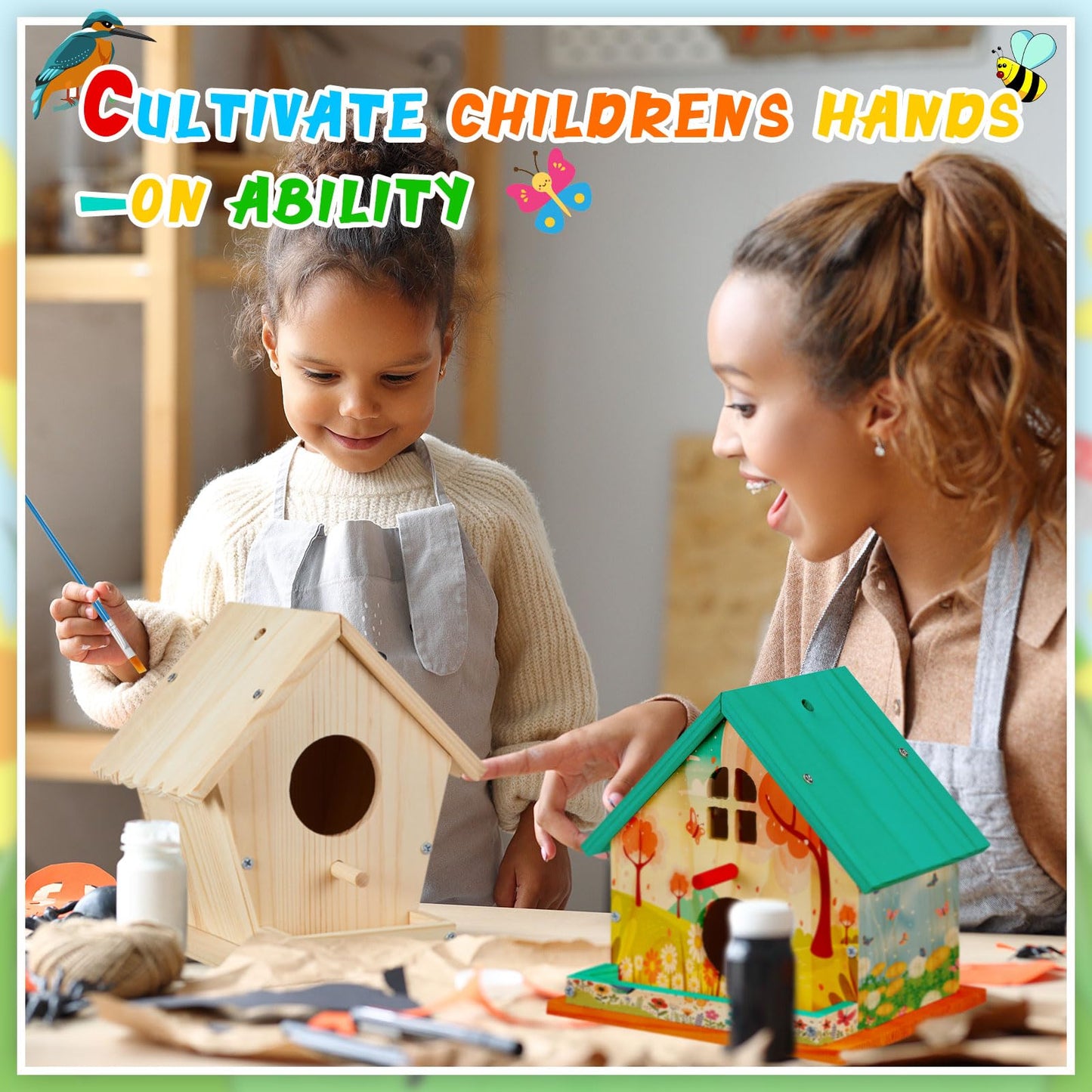 Liliful 4 Pack Birdhouse Crafts for Kids, Wooden Creative DIY Bird House Kits Arts and Crafts Set for Kids and Adults, Spring Birthday Gifts for Toddlers Ages (Seasonal Style)