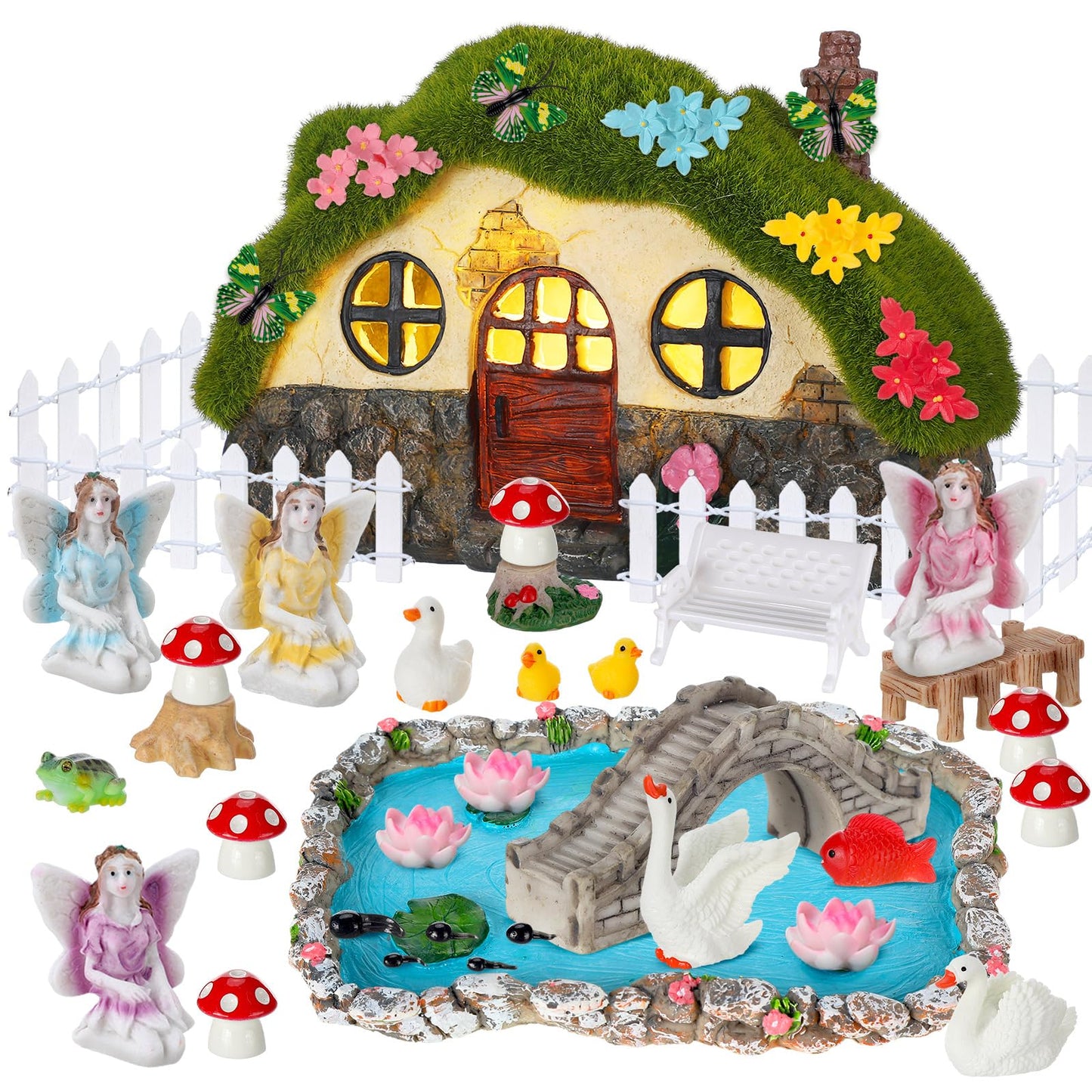 Roowest 57 Pcs Solar Fairy House Garden Accessories Kit Light up Mushroom House Resin Fairy Village Figures Garden Resin Miniature Fish Pond Figures Micro Landscape Outdoor Decorations