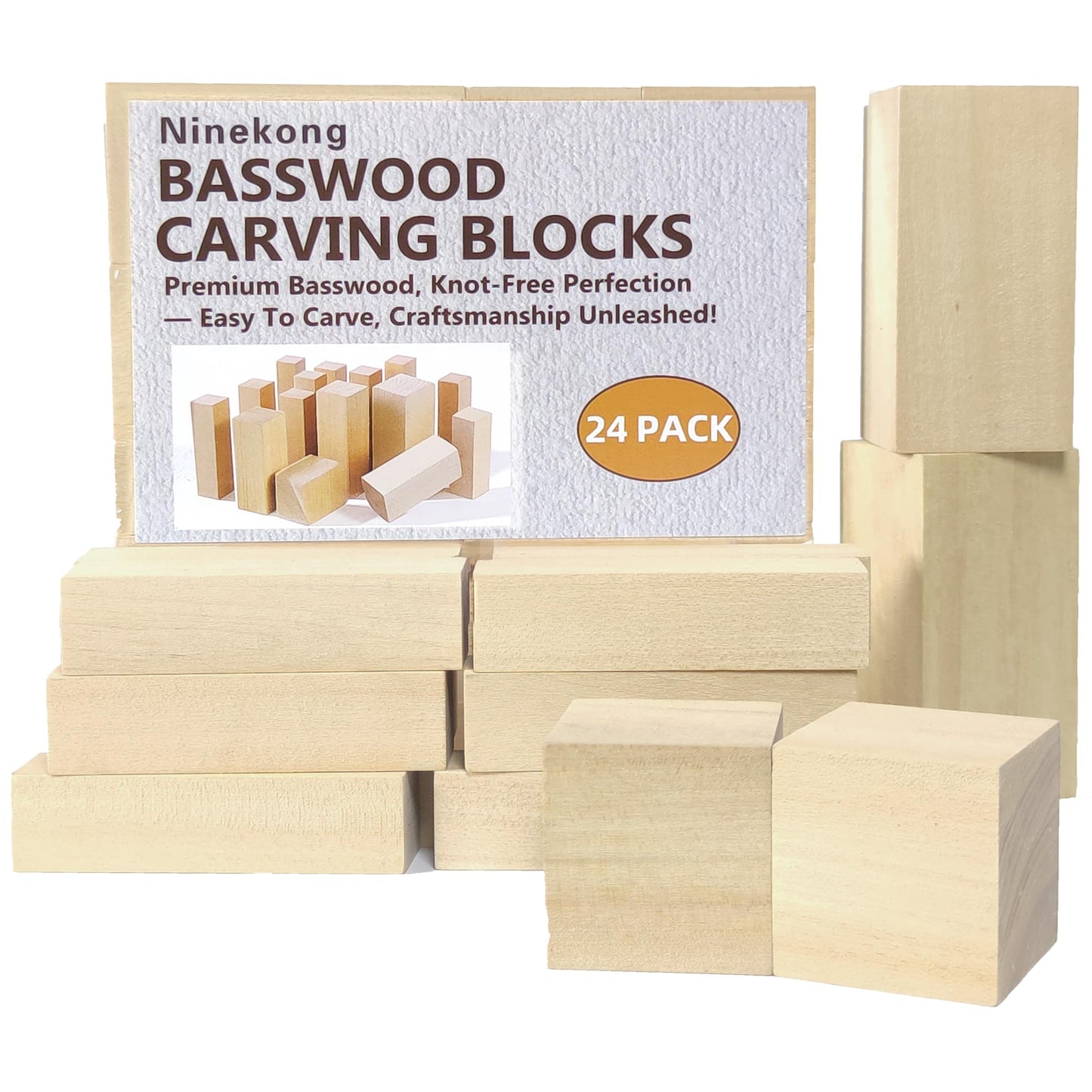 Ninekong 24PCS Basswood Carving Blocks with 3 Sizes，Whittling Wood Carving Kit,Soft Basswood for Carving(4"x1"x1",4"x2"x2",2"x2"x2")