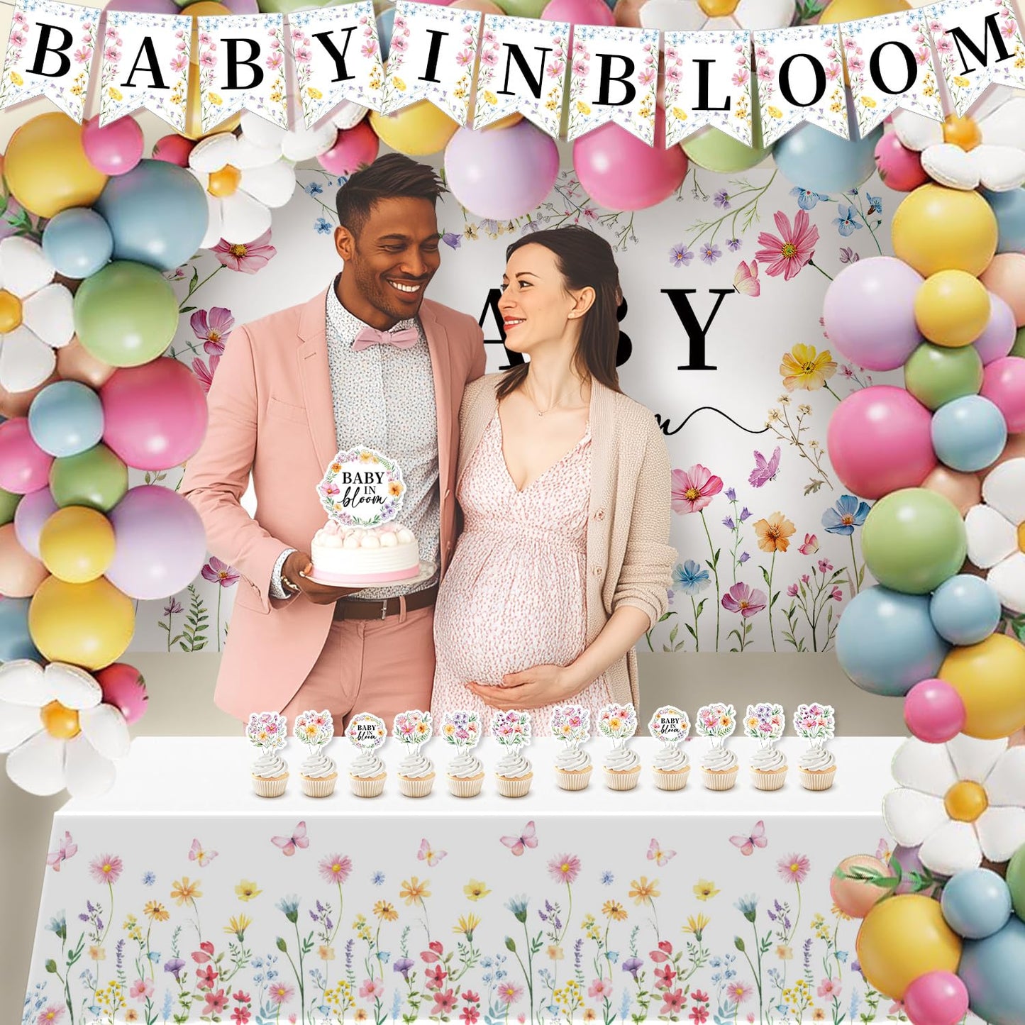 Baby in Bloom Baby Shower Decorations for Girl - 92pcs Balloons Garland Kit, Baby in Bloom Banner, Backdrop, Floral Tablecloth, Daisy Balloons, Cake and Cupcake Toppers