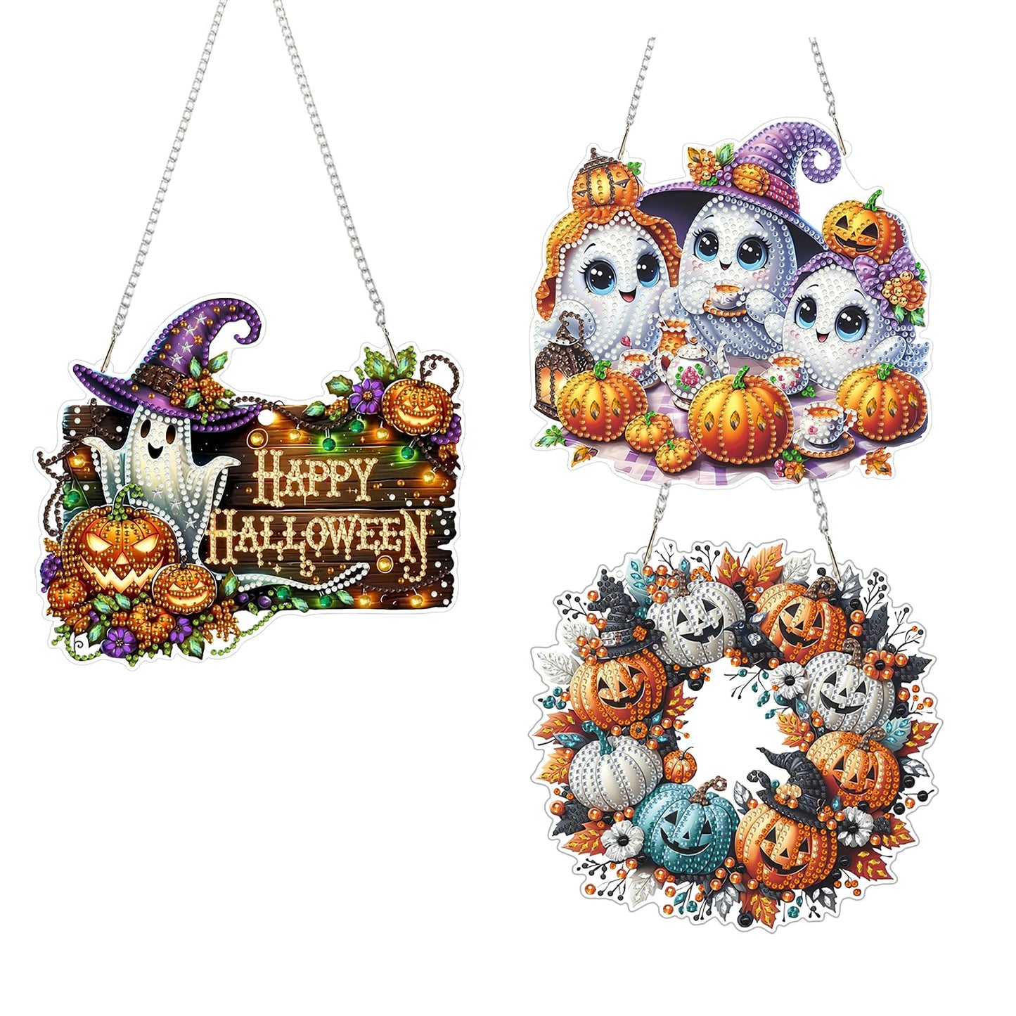 AIBOERL Diamond Art Hanging Kit for Adult,Special Shaped Rhinestone,Double Sided 5D DIY Acrylic Diamond Art Painting Window Pendants Home Garden Wall Hanging Kits Hanging Ornament (3 Pack Halloween)