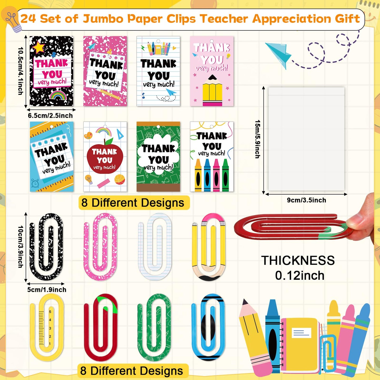 24 Set of Jumbo Paper Clips Christmas Teacher Gifts Clear Acrylic Clips Bookmarks with Appreciation Cards Cute Paperclips Design for Teacher's Christmas Gift Classroom Book Lovers