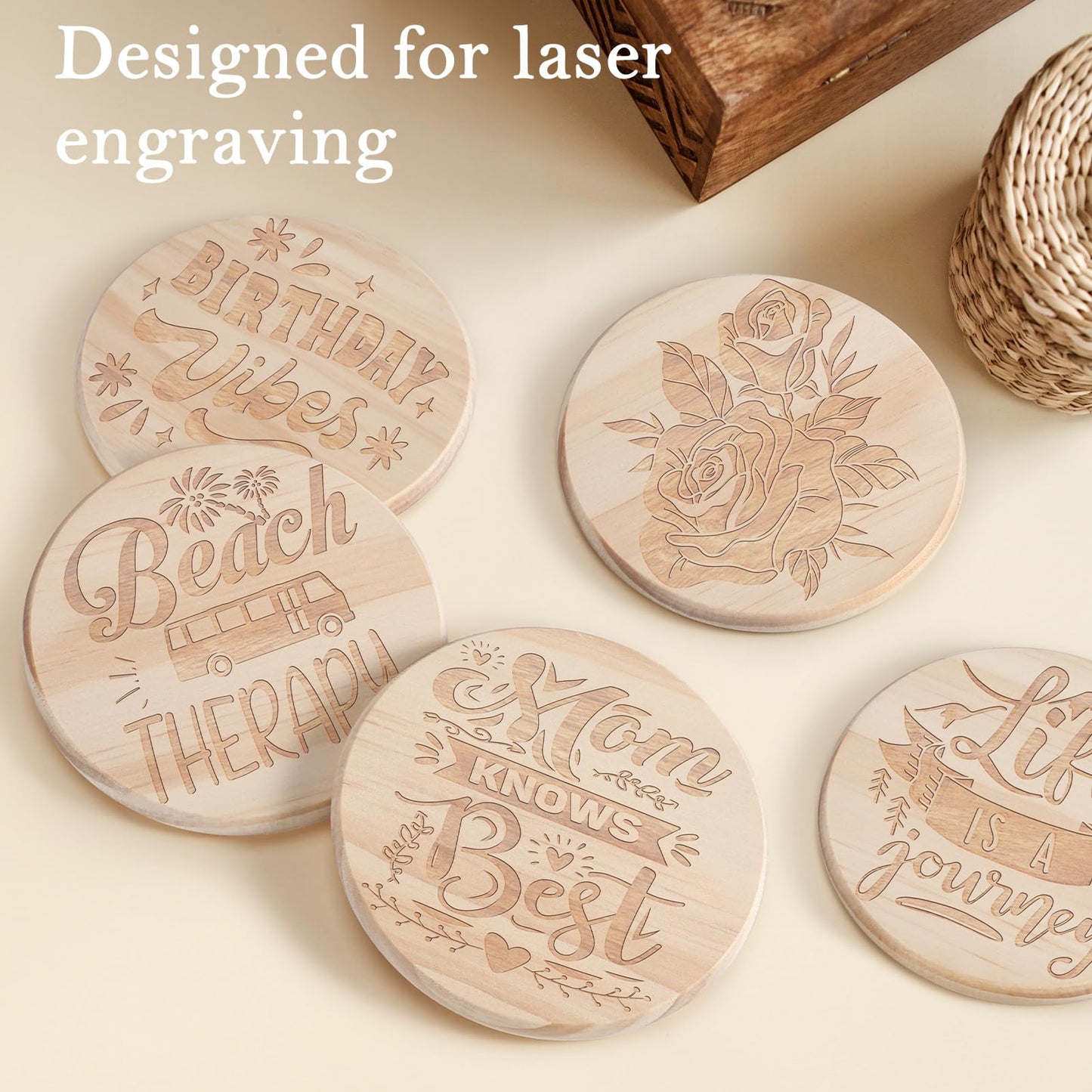 12 PCS 5 Inch Unfinished Wood Coasters, GOH DODD 4 Inch Wooden Blanks with Non-Slip Pads for Laser Engraving Wood Burning Staining Painting Decoupage Housewarming Gifts Wedding Crafts Education, Round
