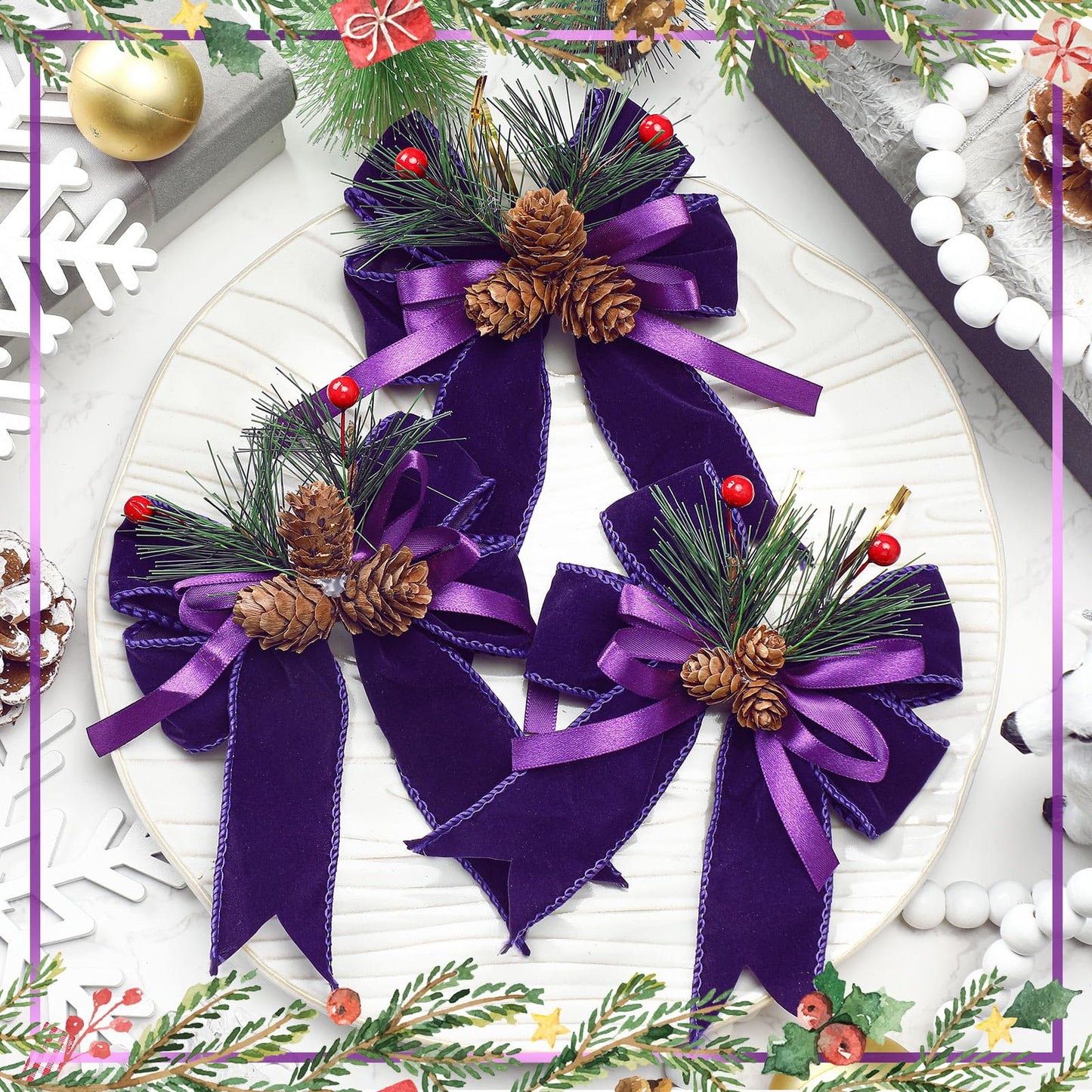 Syhood 6 Pcs Christmas Bows with Pine Cones Pine Needles Xmas Velvet Bows Purple Velvet Ribbon Christmas Tree Wreath Decoration for Xmas Parties Indoor Outdoor Crafts DIY Decor