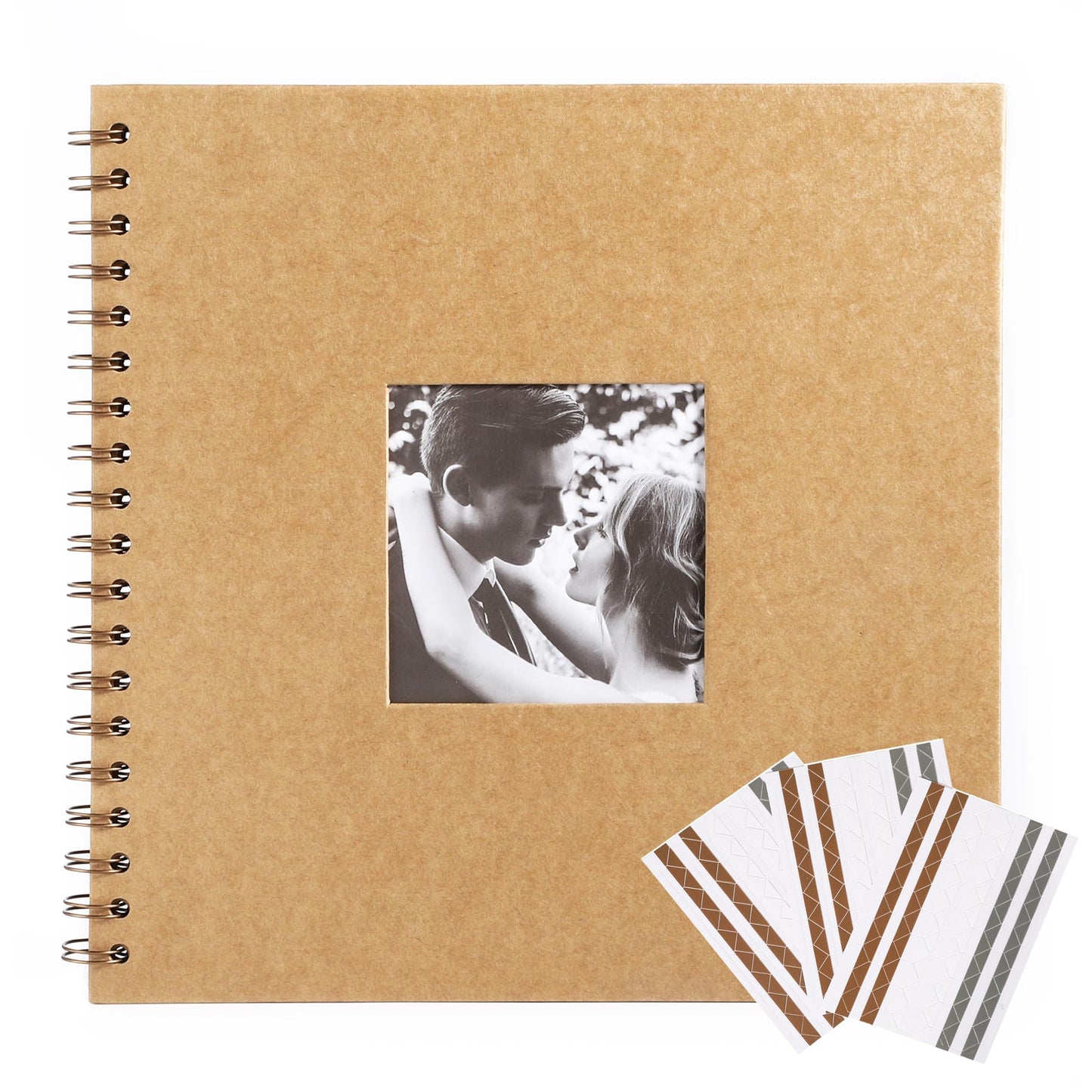 MEMOTOR Scrapbook 10 x 10 Inch DIY Square Photo Window + 3 Corner Stickers, Photo Album Hardcover Kraft Paper Brown 20 Sheets/ 40 Pages
