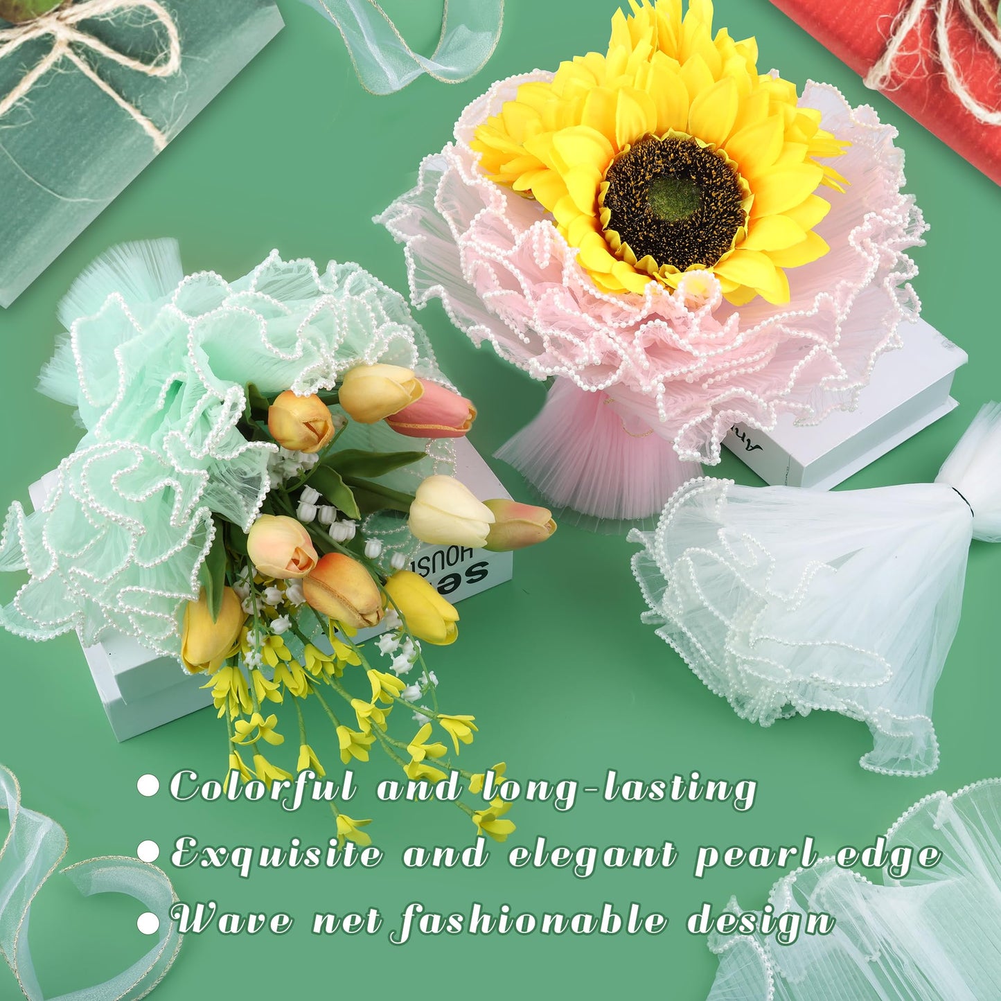 8 Pack Floral Wrapping Mesh Paper, Windspeed Pearl Mesh for Floral Bouquet Wrapping Paper White and Pink Florist Supplies for Mother's Day Valentine's Day Florist Wedding Flower Packaging