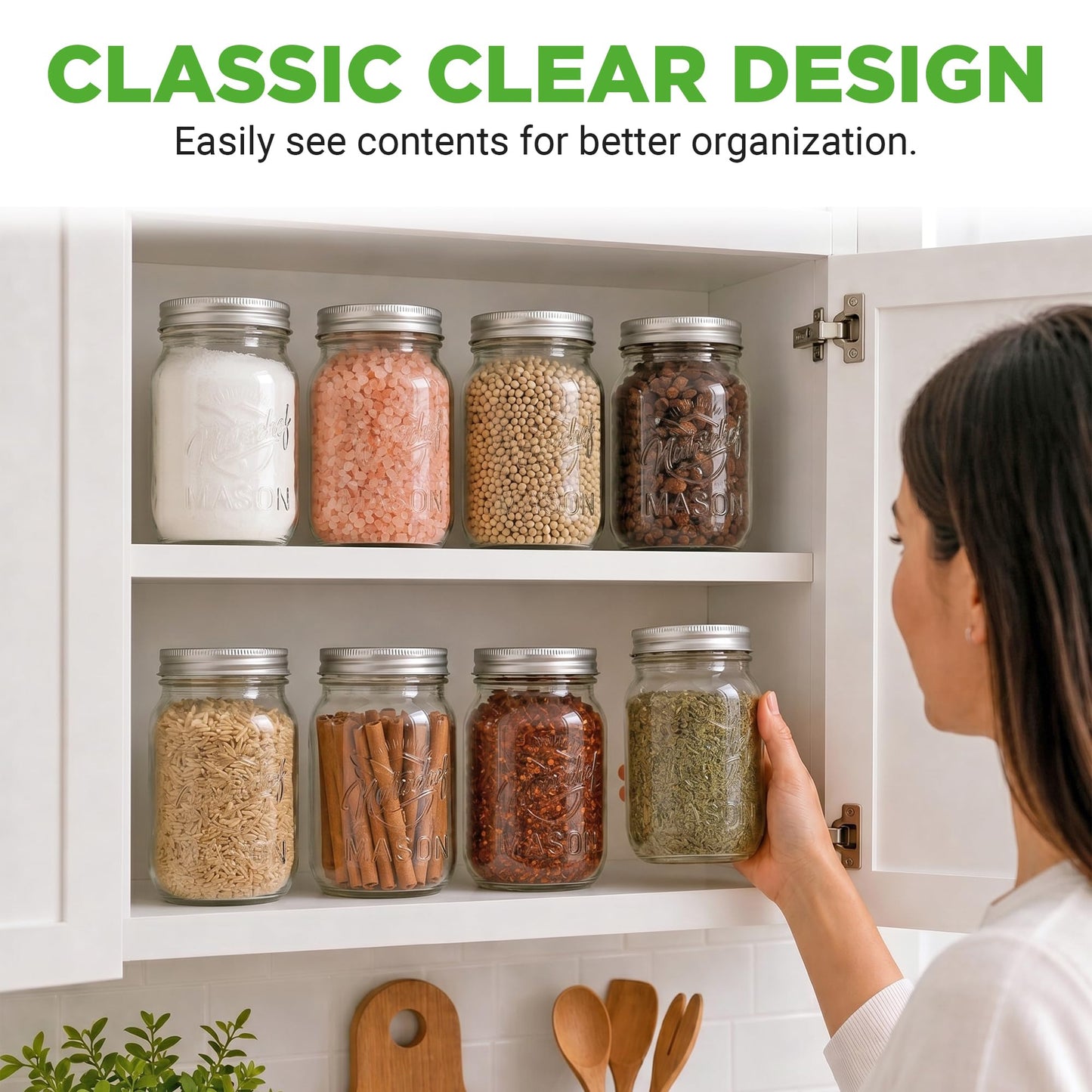 NutriChef 4-Pack 16 oz Mason Jars with Lids - Thick Glass Canning Jars with Stainless Steel Lids - Ideal for DIY Spices, Meal Prep, Overnight Oats, Jelly, Jam, Honey, Candles, Crafts, & More