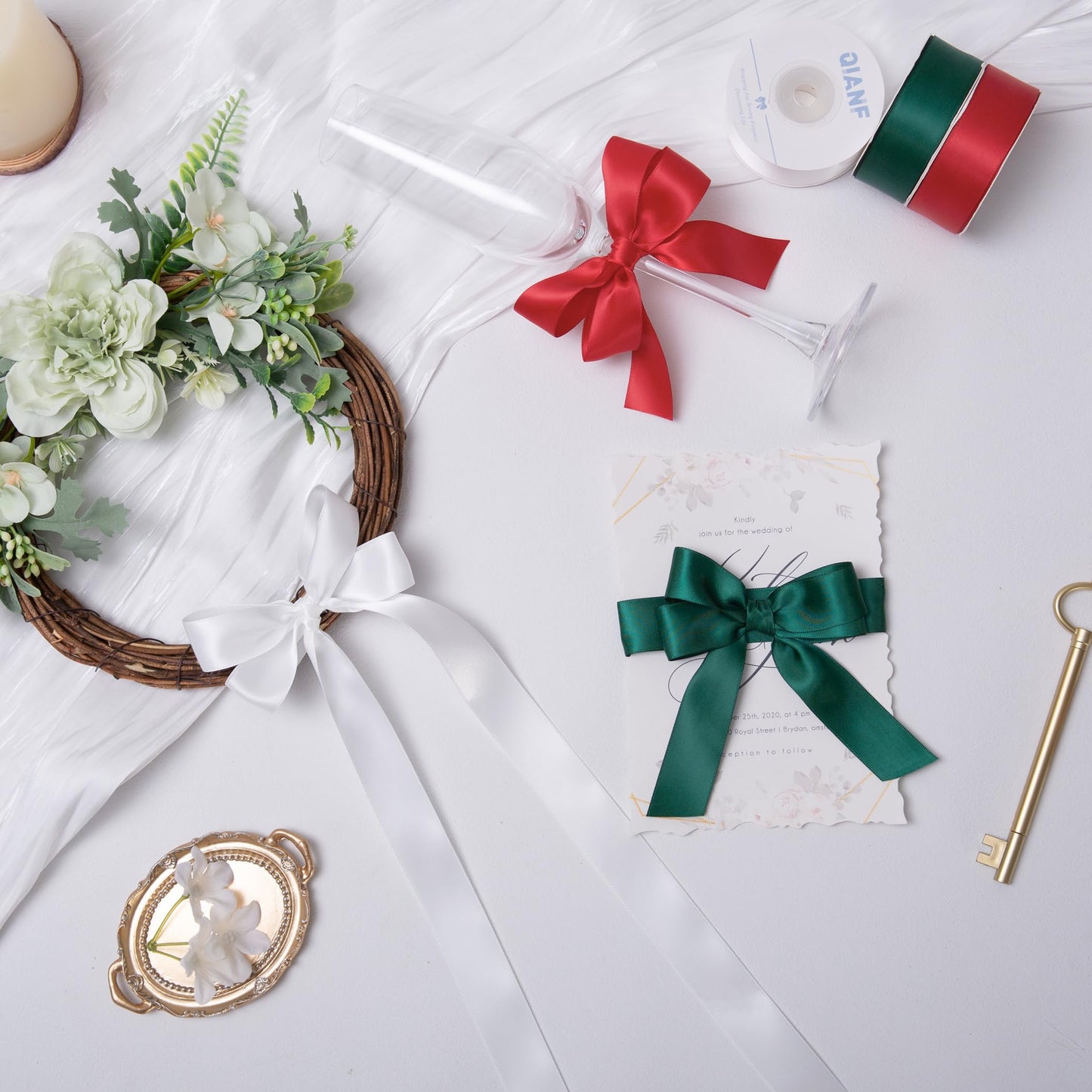 QIANF Red/Dark Green/White Double Face Satin Ribbon 1 Inch x 45 Yards Fabric Ribbon for Gift Wrapping, Flower Bouquets, Hair Bows Making, Wedding Decoration, Christmas (3 Rolls *15Yd)