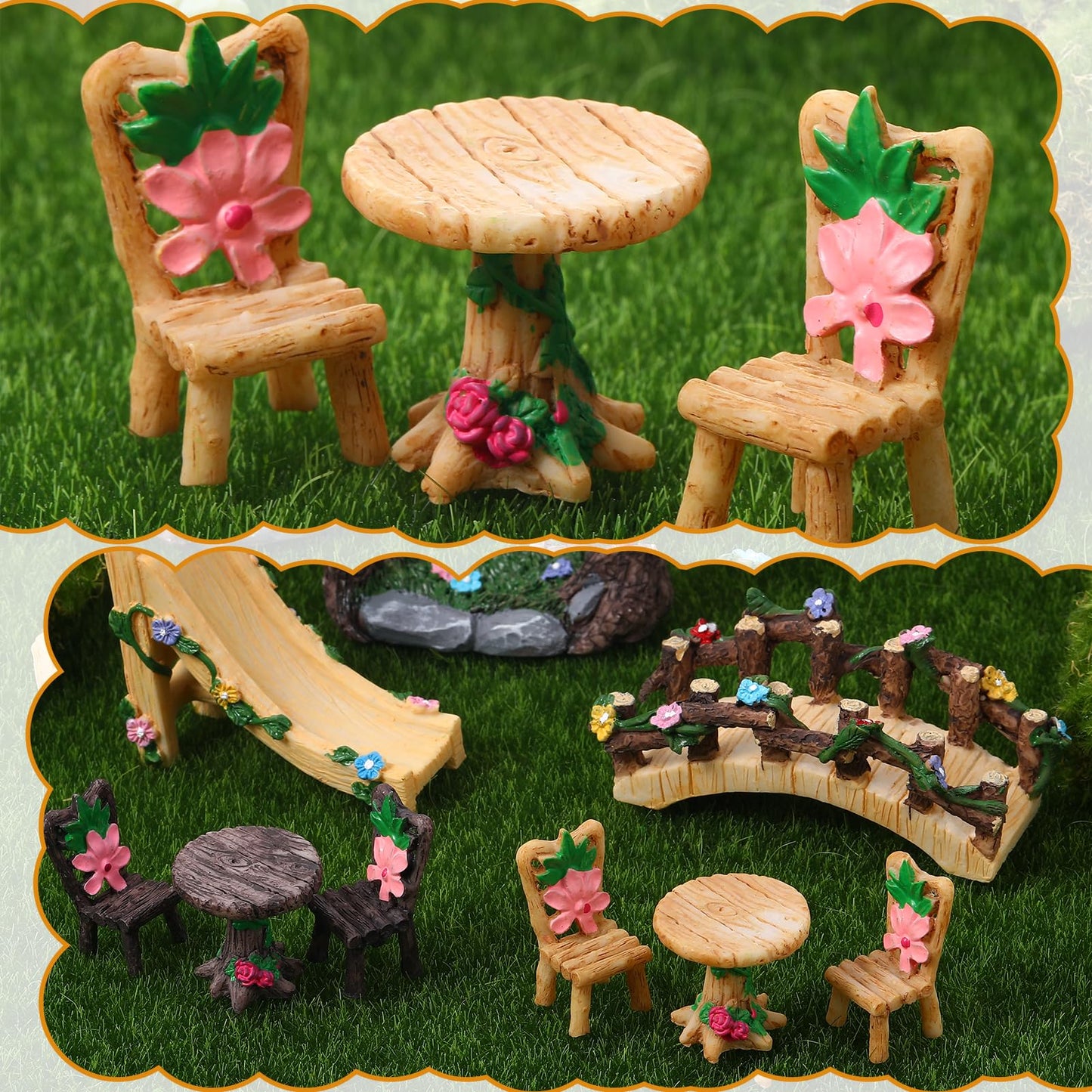 9 Pcs Fairy Garden Accessories - Miniature Garden Kit Landscape Decorations Table and Chairs Set Fairy Garden Furniture Ornaments Bridge Flower Slide Figurine for Terrarium Potted Plants, Dollhouse