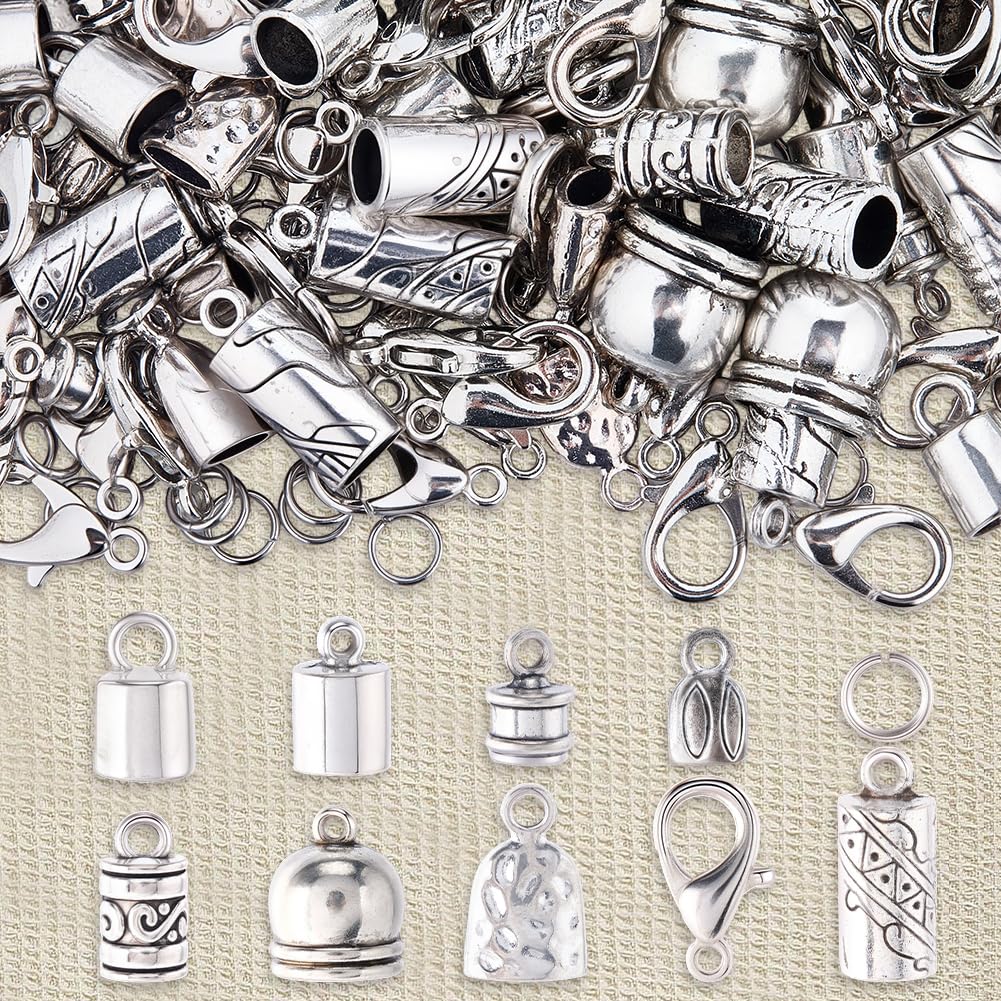 SUNNYCLUE 1 Box 230pcs Tassel Cord End Caps Kumihimo Cord Ends Antique Silver Tibetan Crimp Glue in Barrel Leather Thread End Terminator Tips with Lobster Clasp for Jewelry Making Kits Bracelets DIY