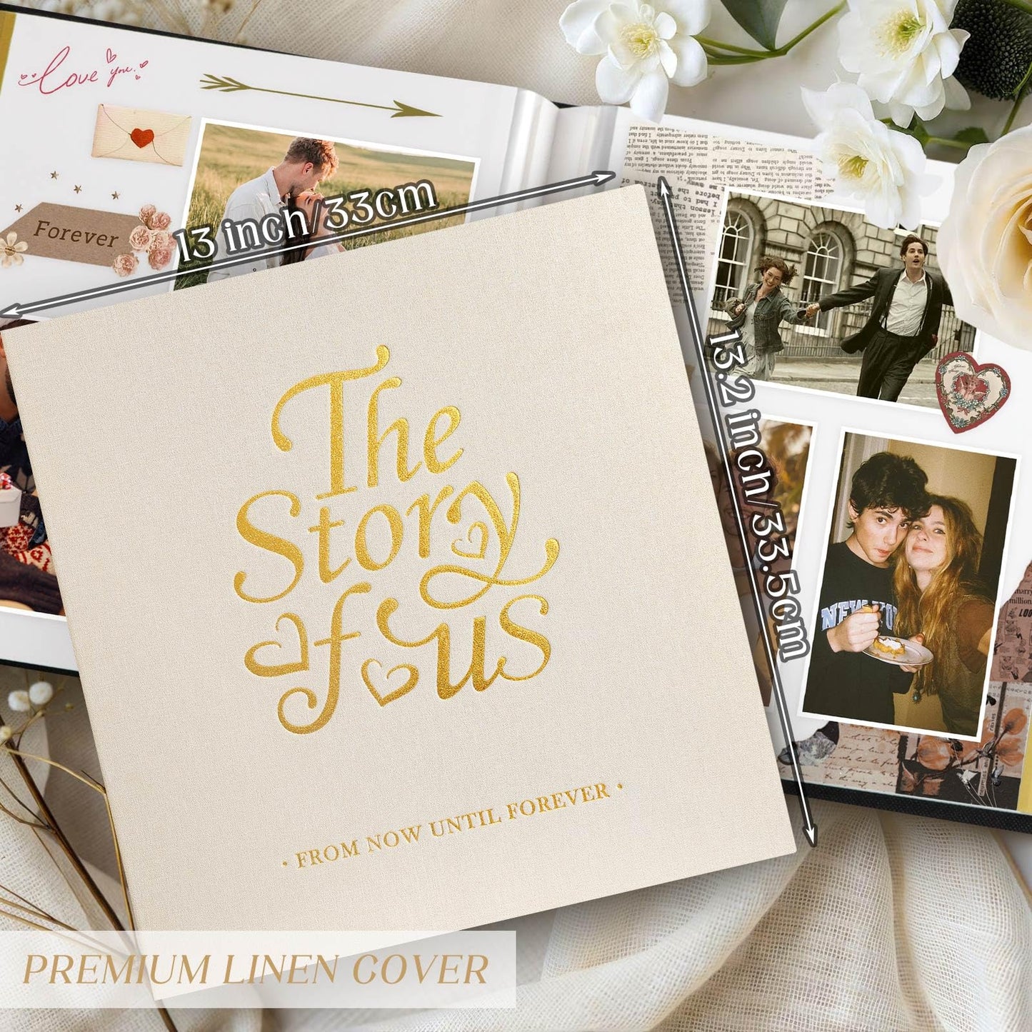 Lanpn Couples Scrapbook Photo Album - The Story of Us, Linen Wedding Anniversary Self Adheisve Picture Book holds 4x6 5x7 A5 Photo for Love Newlywed Valentine's Day (Large 40 Sheets/80 Pages, Beige)