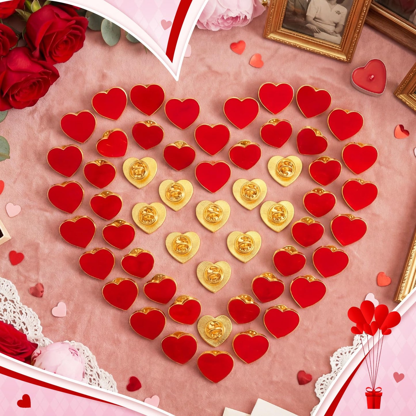 Hinly 200 Pcs Valentines Day Gifts Heart Pins Bulk Red Love Lapel Pin Metal Heart Health Brooch Badge Collar Pins for Valentines Party Favors Wedding Anniversary Men Women Clothes Bags Hats