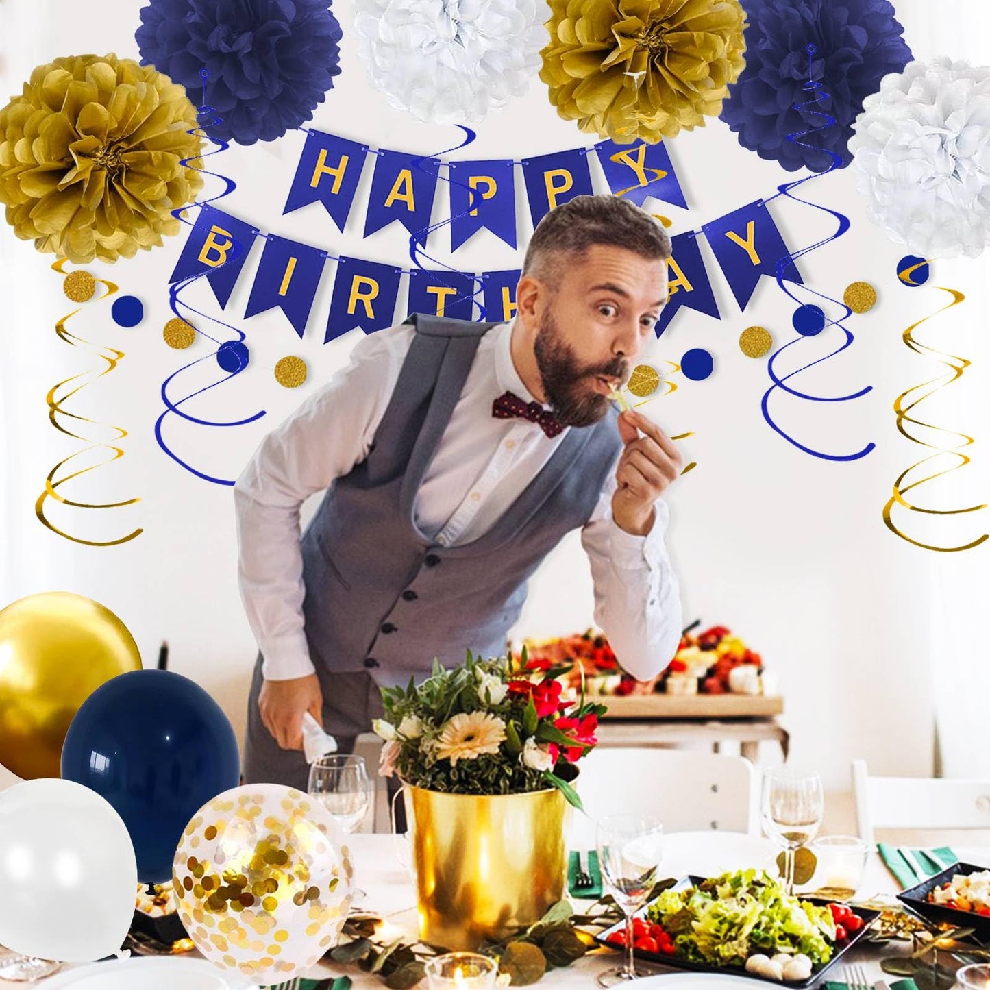 YGYXMY Birthday Decorations for Men, Navy Blue and Gold Party Decorations Set - Happy Birthday Banner, Balloons, Tissue Pompoms, Swirls, Tassels Garland