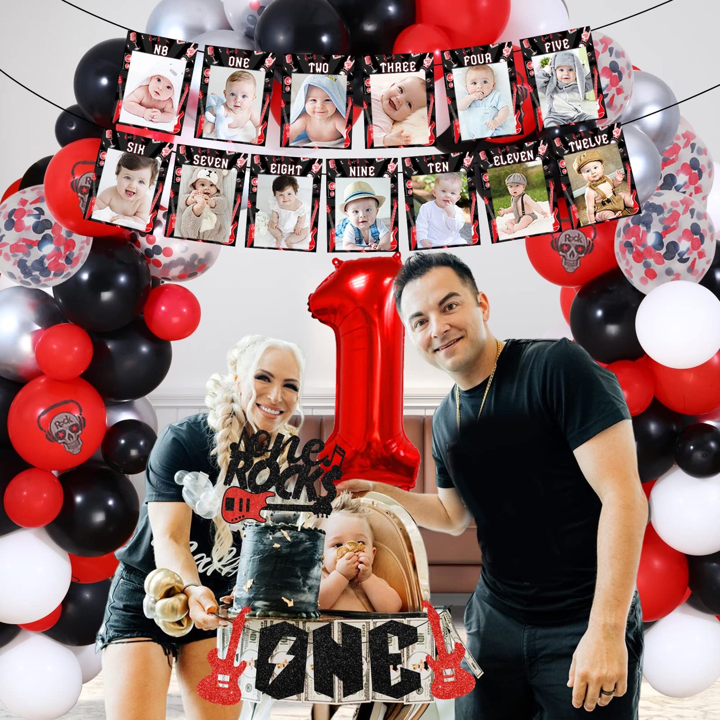 Fangleland Red Black One Rocks 1st Birthday Decorations, Rock and Roll First Bday Balloon Garland Arch Kit, Born to Rock Photo Highchair Banner, Music Themed Cake Topper Party Supplies