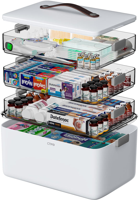 CTIME 4-Tier XL Medicine Organizer - Portable Medicine Cabinet with Leather Handle, Empty First Aid Kit for Home Organization Must, School, Dormitory, Travel, RV, Dorm, Ideal Elderly Gift