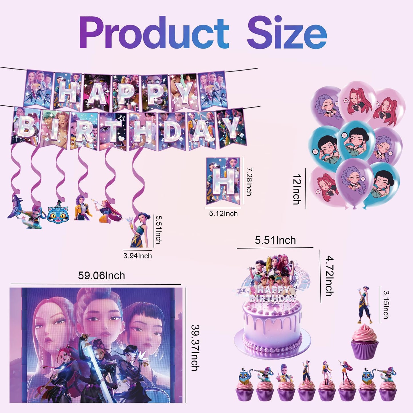 51 Pcs Cute Cartoon Birthday Decorations, Demon Anime Hunter Birthday Party Decorations, Includes 1 “Happy Birthday” Banner, 6 Spiral Garlands, 18 Latex Balloons, 1 Cake Topper, and 24 Cupcake Toppers