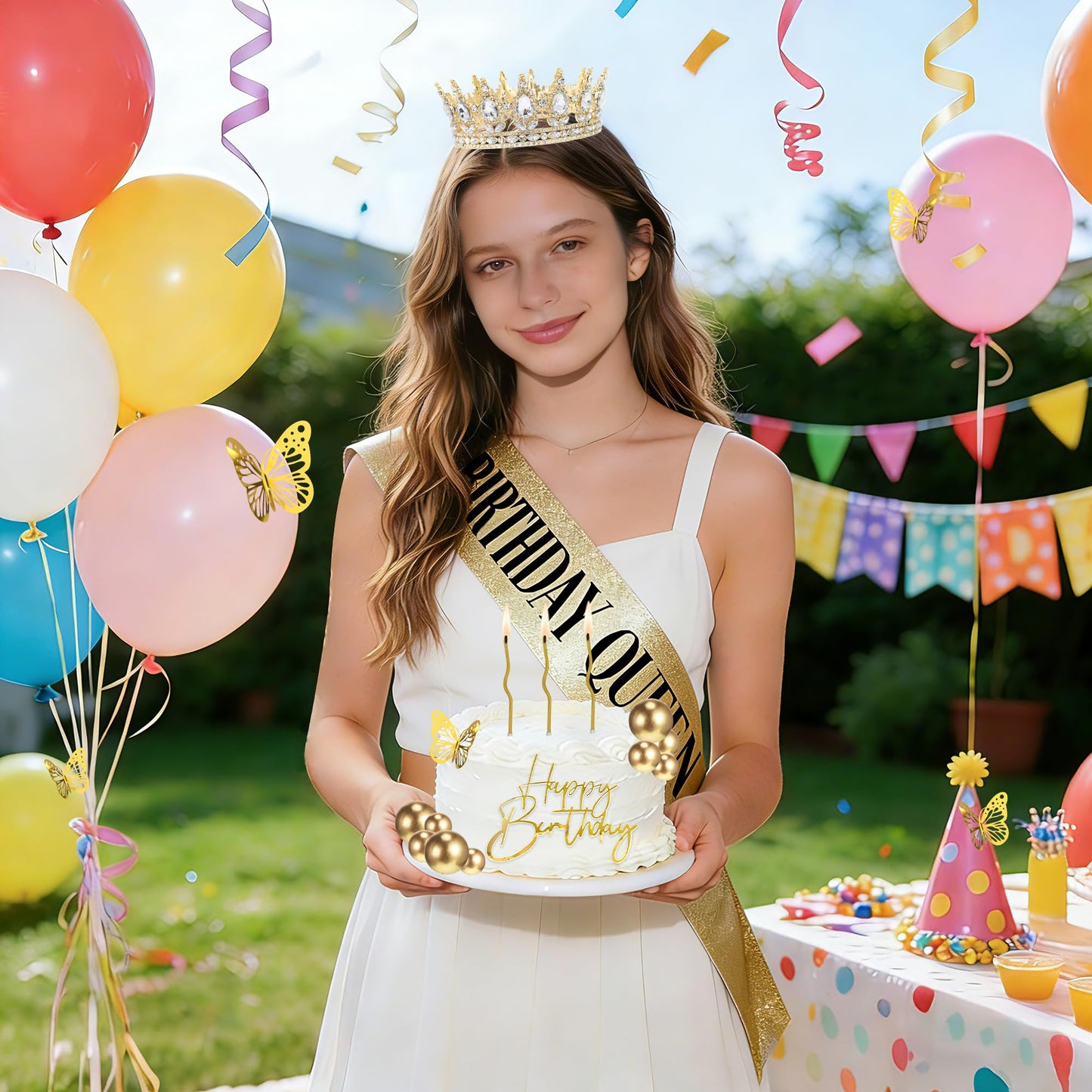 AMZVALU Crown & Birthday Sash for Women - Gold Crown Happy Birthday Cake Topper Candle Balls Butterfly | Corona Para Pastel | Sweet Crown Decoration for Queen Princess Bride Wedding Prom (Gold, White)