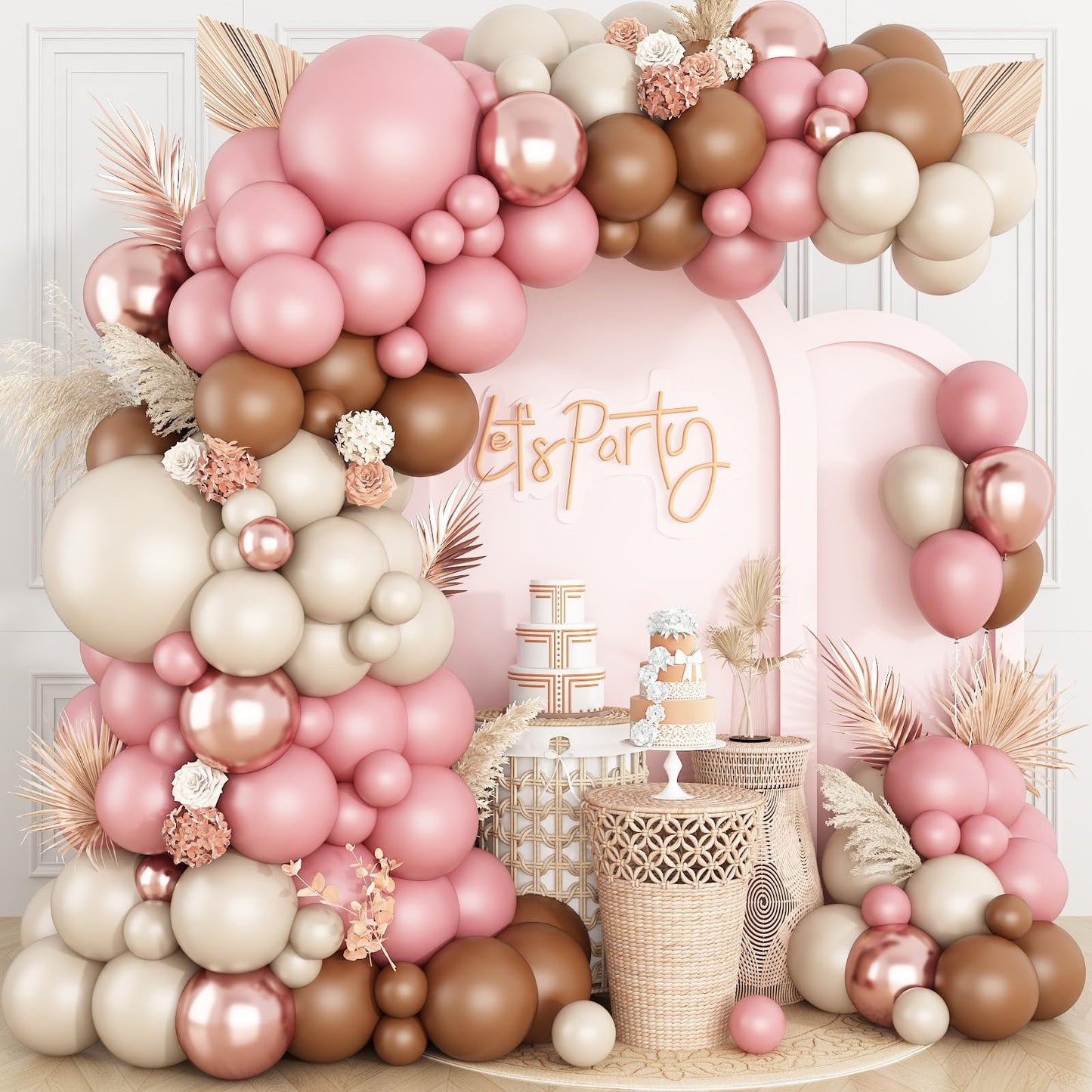 Dusty Pink Balloon Arch,Boho Balloon Garland with Blush Pink and Brown Rose Gold White Sand Balloons for Girl Baby Shower Bridal Valentines Day Wedding Birthday Party Decorations