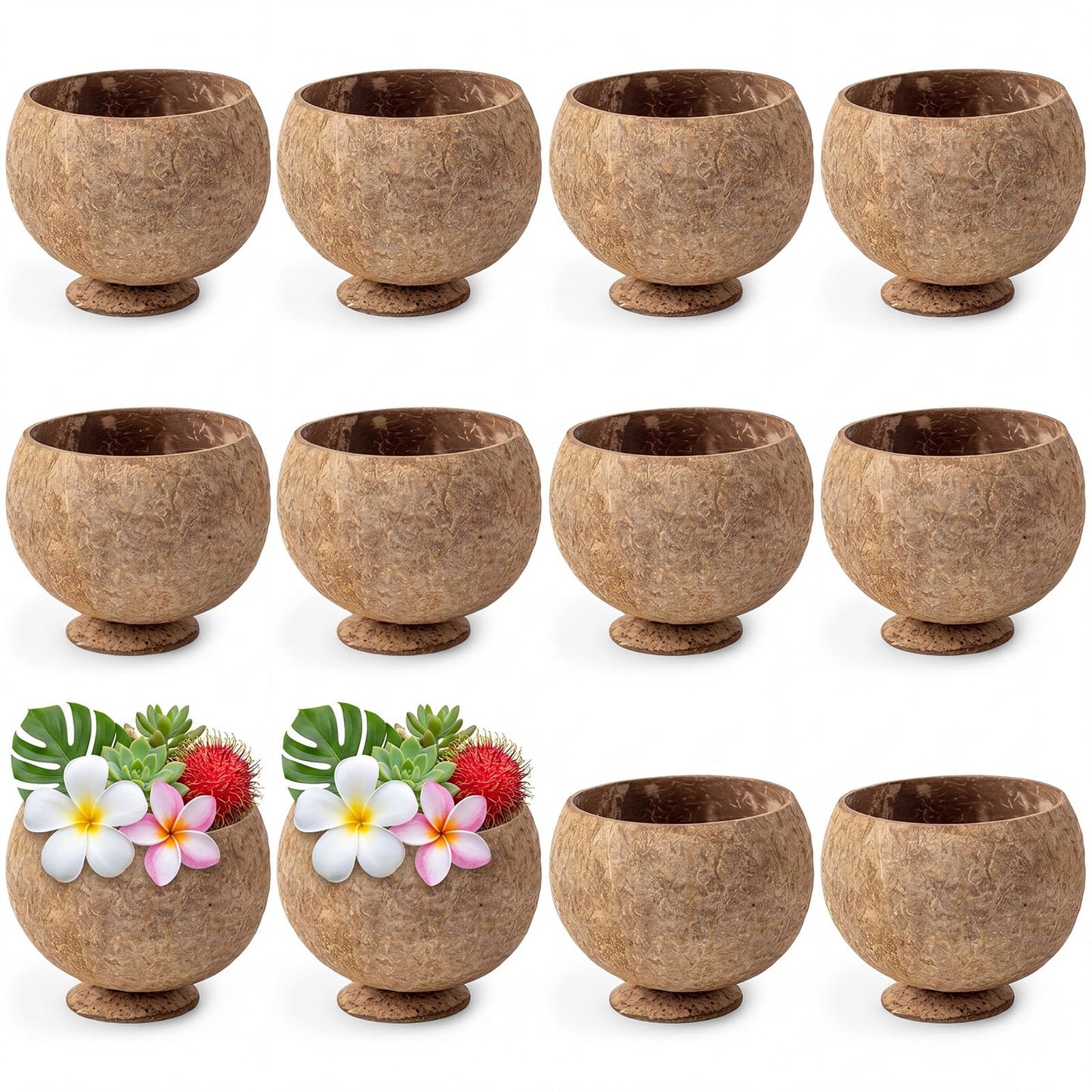 Hushee 12 Pcs Natural Coconut Shell Cups for Party Real Coconut Bowls for Hawaiian Luau Party Supplies, Tropical Tiki Decorations & Candy Buffet Favor Holders