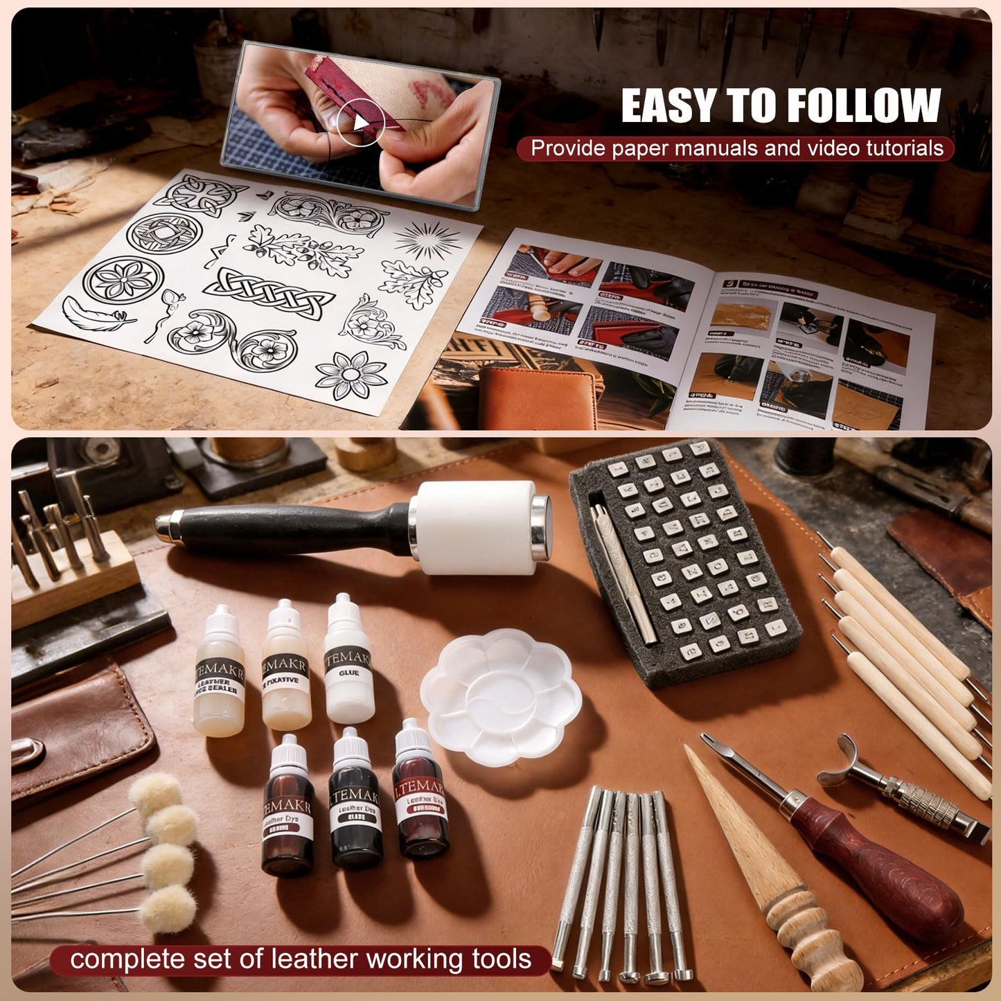 Leather Working Kit-Leather Crafting Tools with Cowhide and Paint Set-Men's Wallet DIY Kit-Hobbies for Women and Men-Art and Crafts for Adults- Birthday Gift for Men,Dad,Boyfriend,Husband