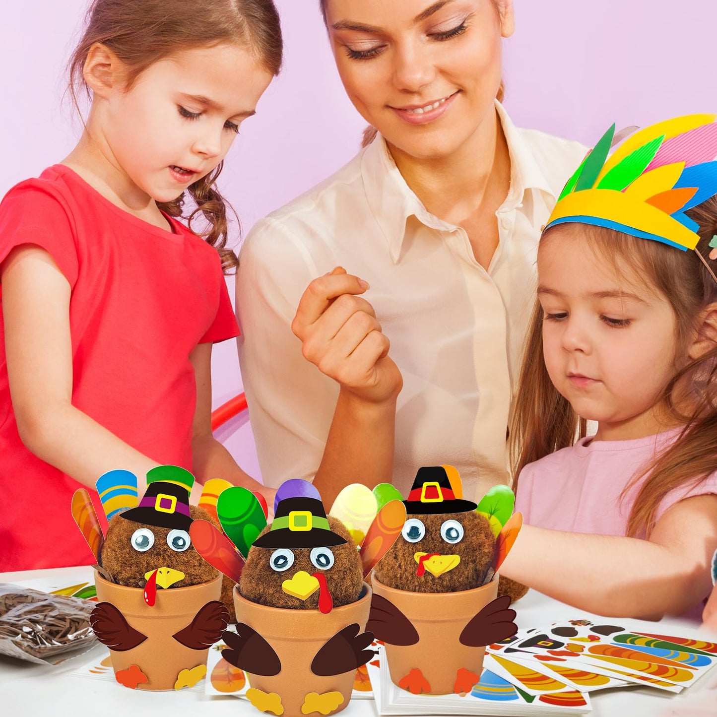 Cinrobiye 24 Set Thanksgiving Turkey Craft Kits DIY Thankful Turkey Flower Pot Making Kit Decorative Turkey Pots Art for School Classroom Activities Home Decoration Festival Gifts Party Favor Supplies